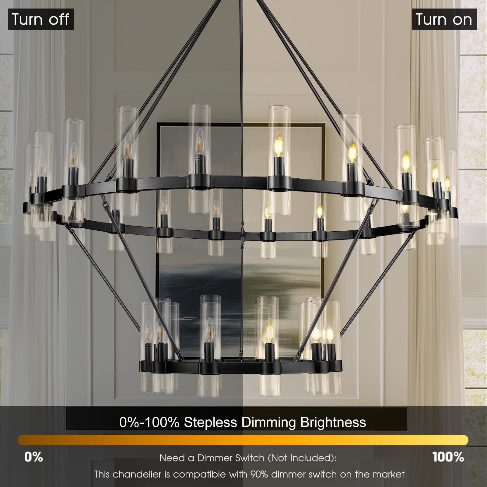 Varttyal 60 Inch Black Wagon Wheel Chandelier, 2 Tier Industrial Chandelier With Glass Shade, 30-Light Large Round Chandelier, F