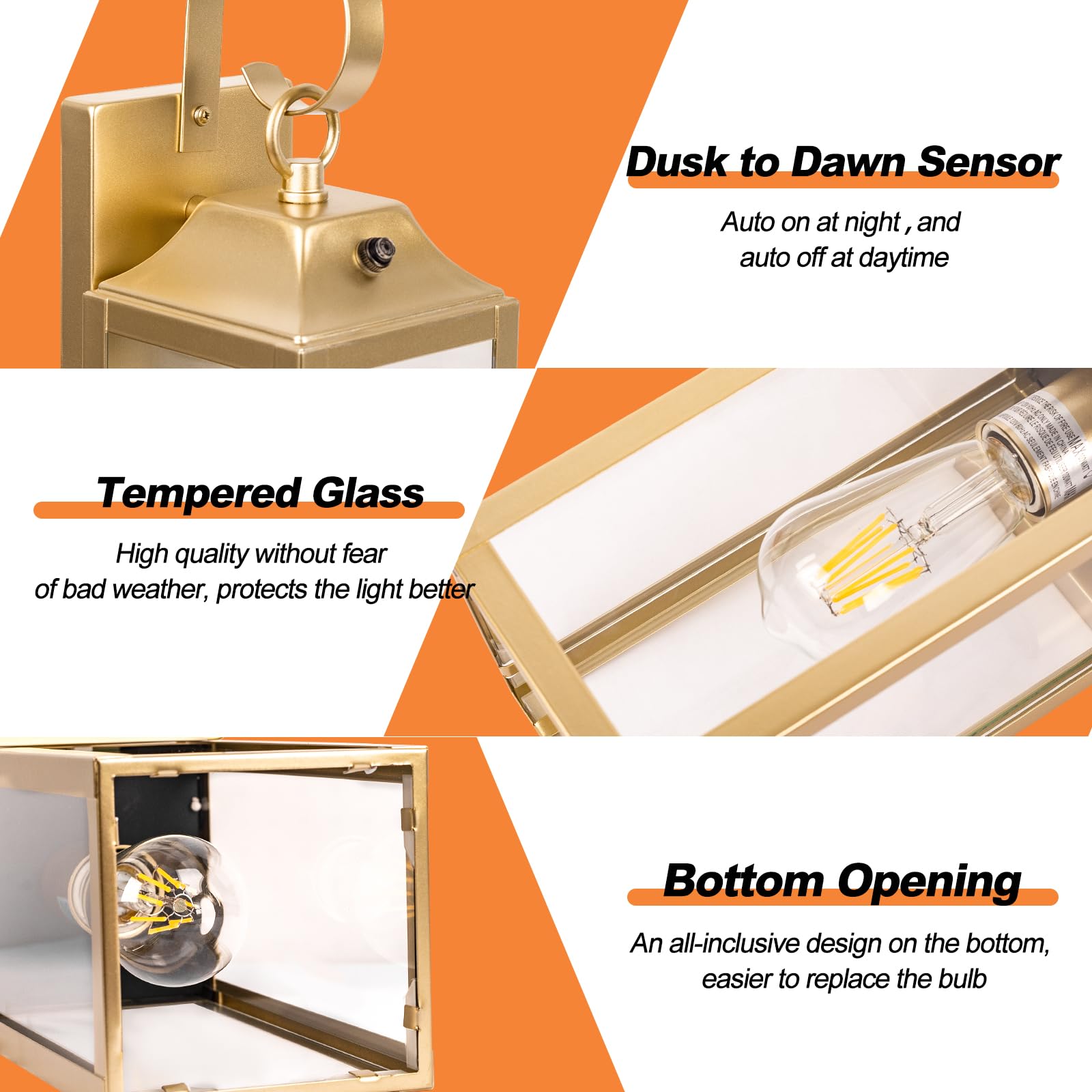 Yolsunes Gold Dusk To Dawn Wall Lights 2 Pack, 15&quot; Waterproof Modern Outdoor Sconces