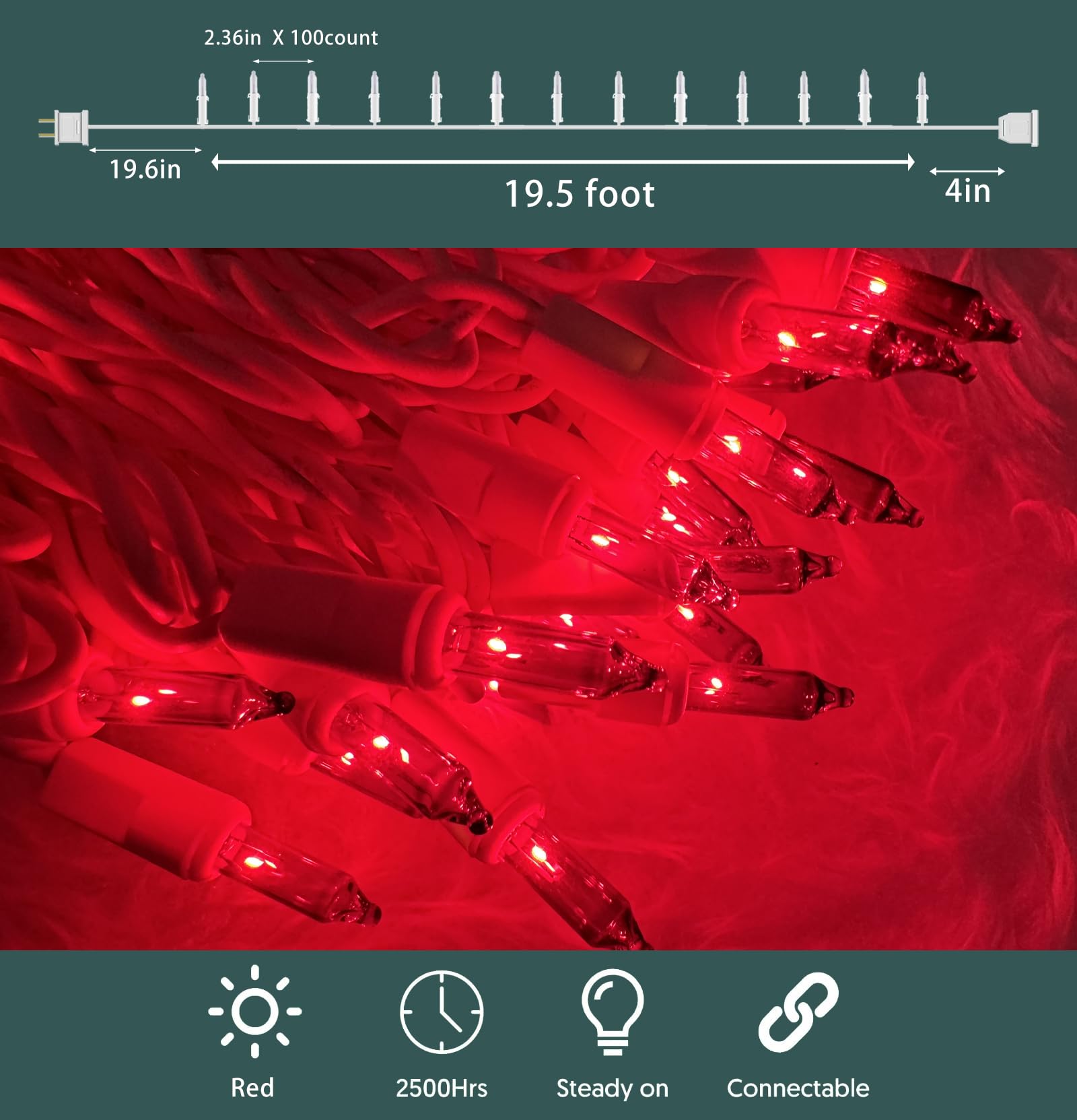 Christmas Lights 100 Count Red Christmas Tree String Lights With White Wire For Outdoor Indoor Christmas Decorations Wedding Decorations Valentines Day Decor Ul Certified (21Feet)