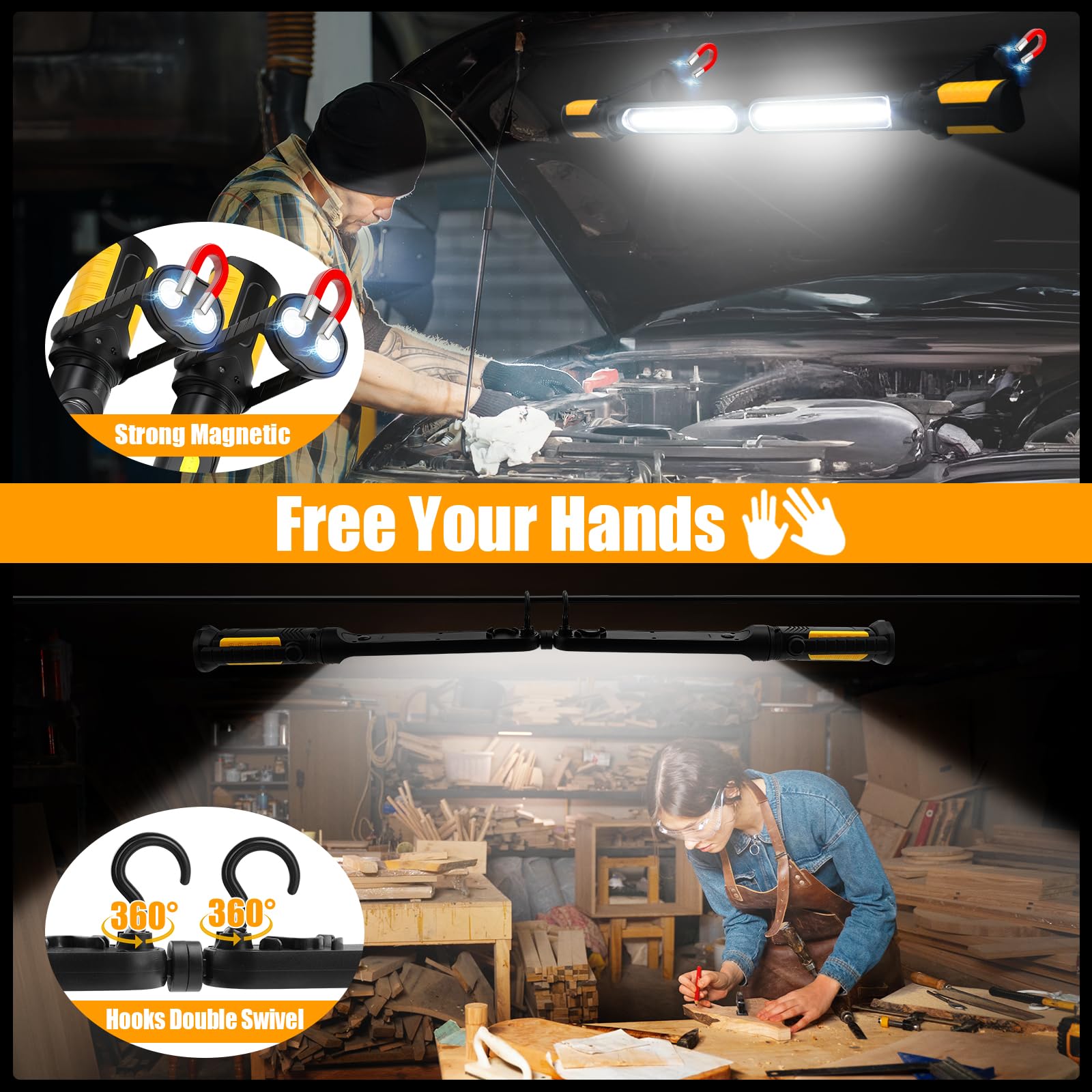 Sylstar Mechanic Work Light Bar With Sensor Control - 2400Lm Led, 4400Mah Rechargeable Underhood Work Light With Hooks & Magneti