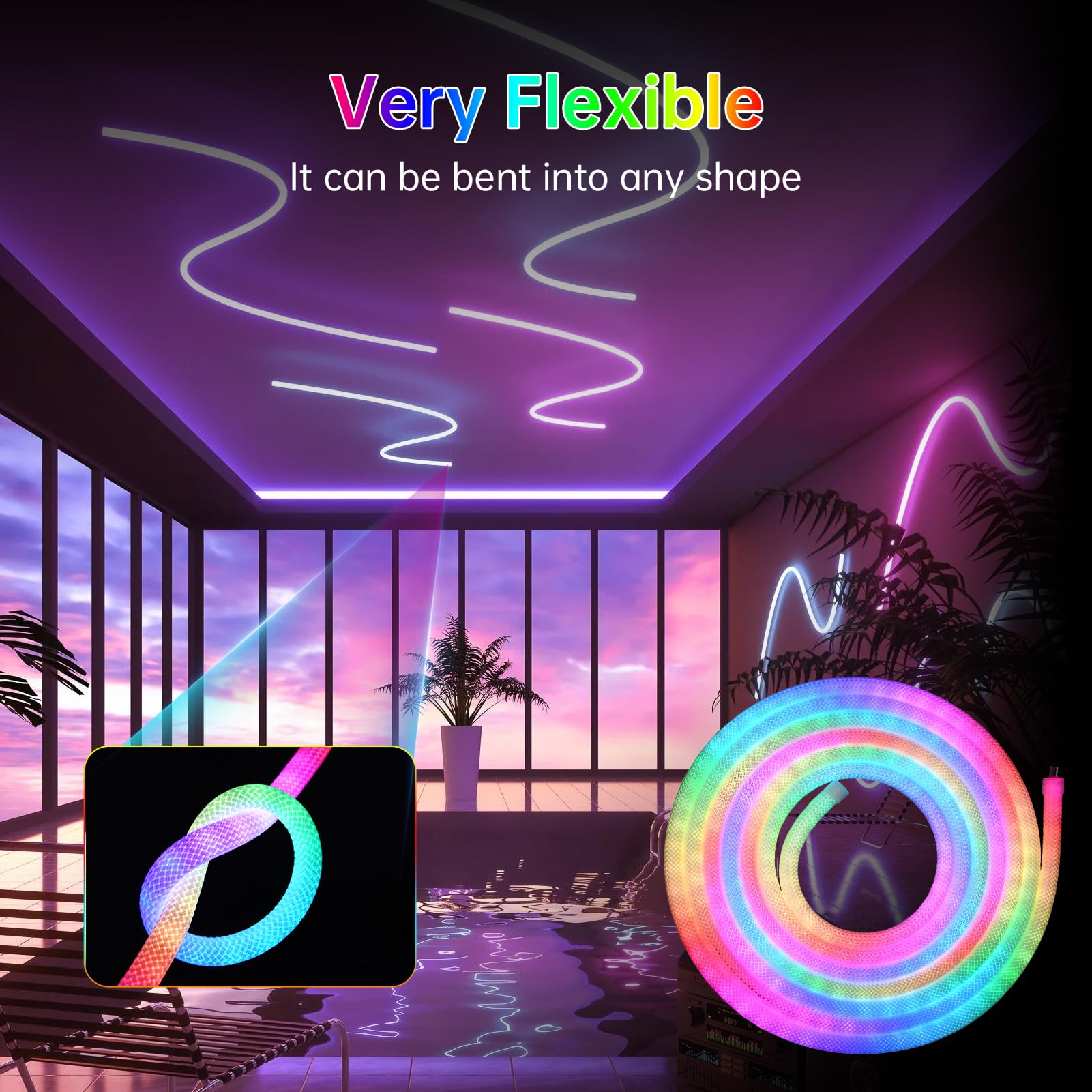 MALIIGAZA LED Rope Lights, 16.4ft RGB Flexible Strip, IP67 Waterproof, Music Sync, Remote APP Control, White
