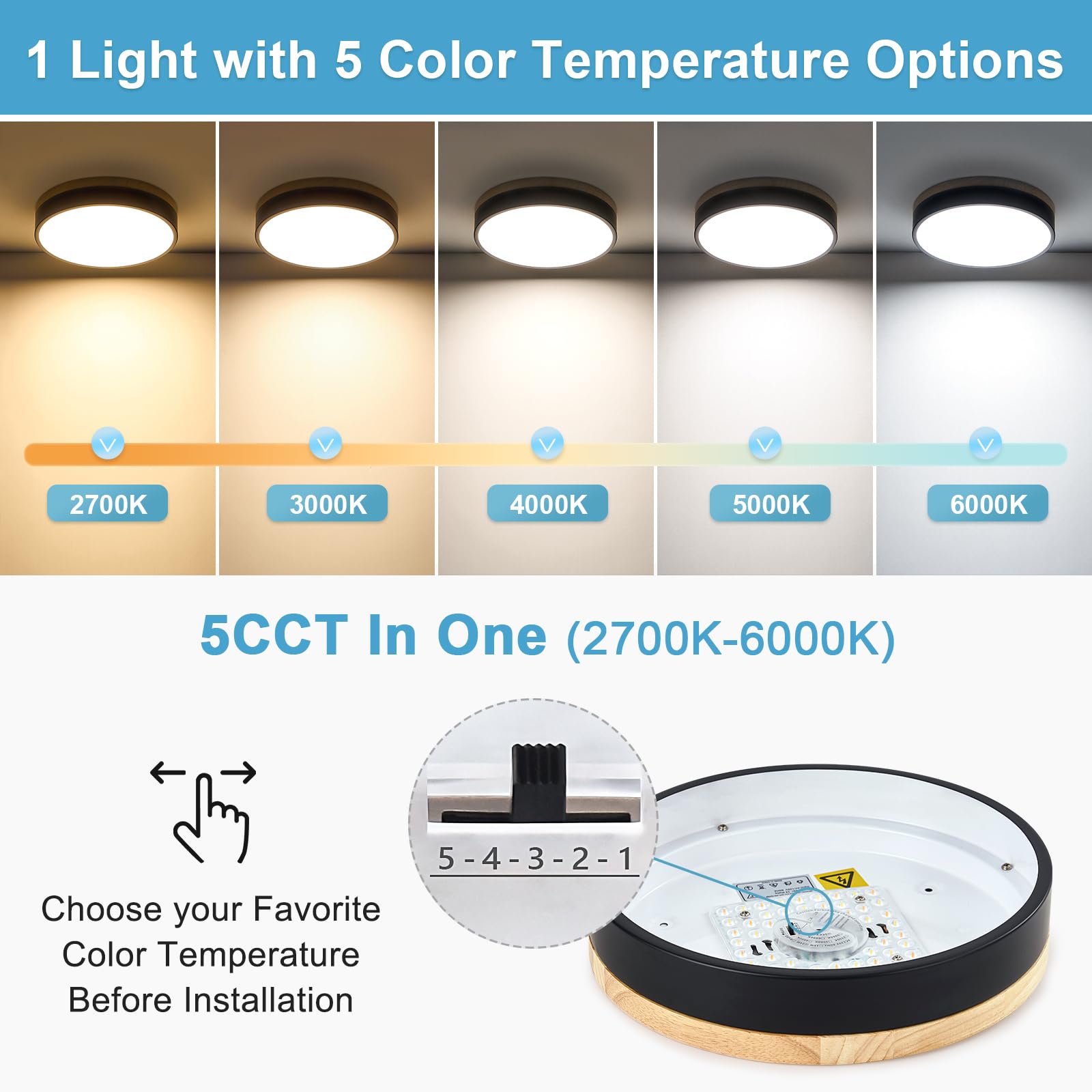 TEMINBU Dimmable Wood LED Ceiling Light, 11.81in, Black, Metal, Model TM24052801, 5CCT 2700K-6000K, Modern