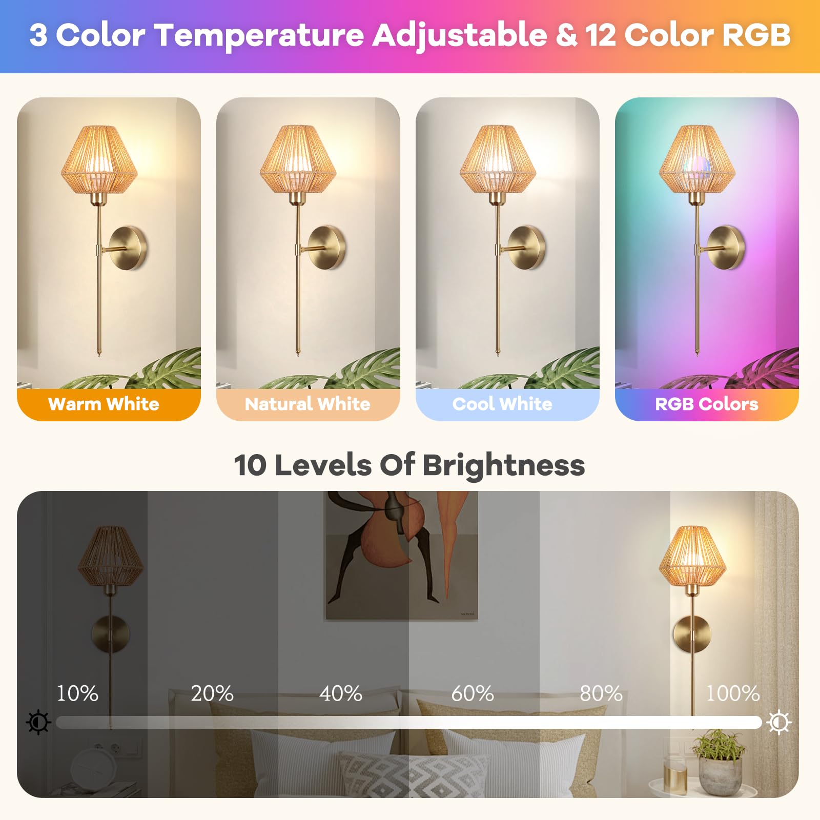 Battery Operated Wall Sconce Set of 2, Rattan Rechargeable Wall Light Dimmable with Remote Control, 15 Color Changing and Timer,
