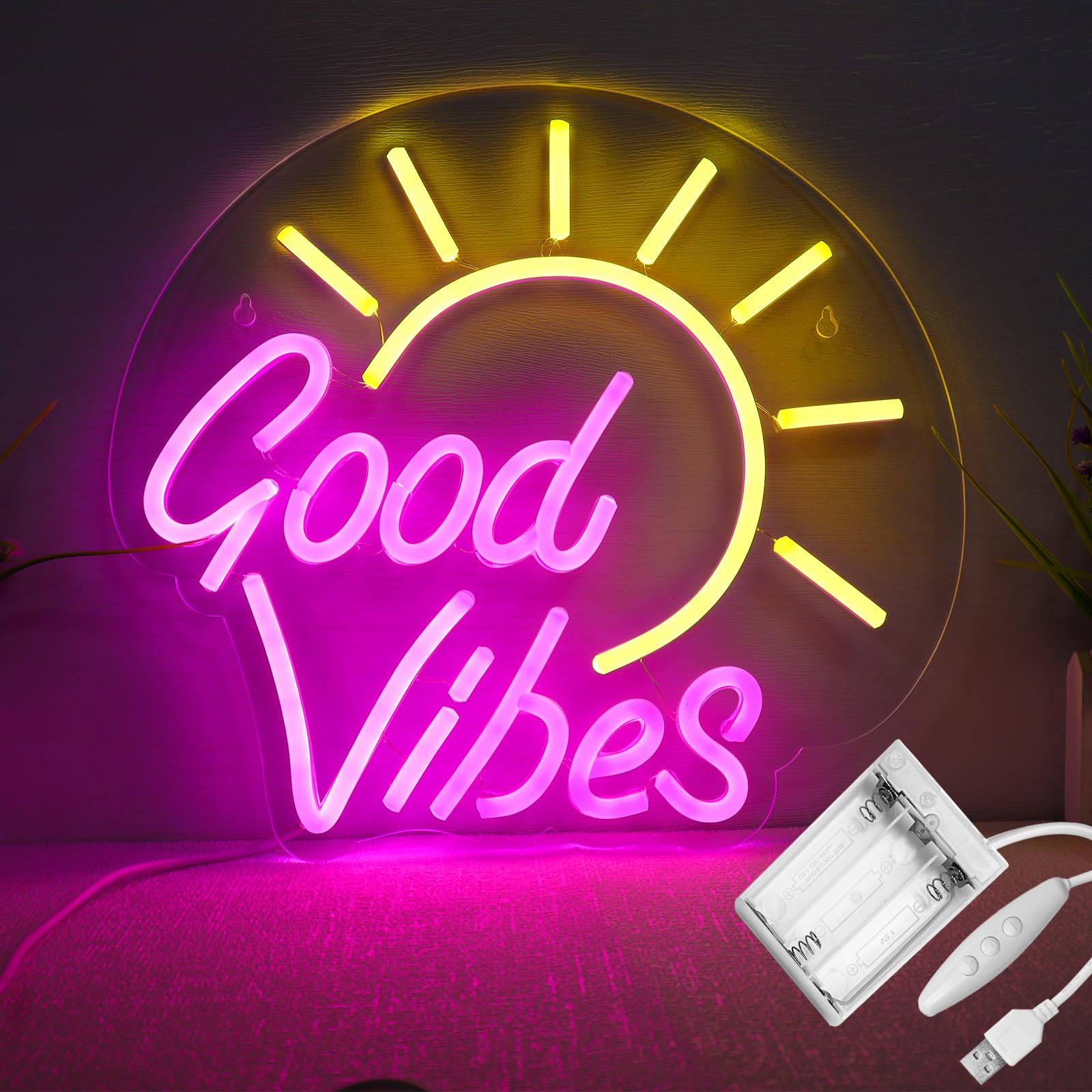 Shellvcase Good Vibes Neon Sign, Acrylic, USB/Battery Powered, 12.8 x 11.8 inches, Good Vibe Color