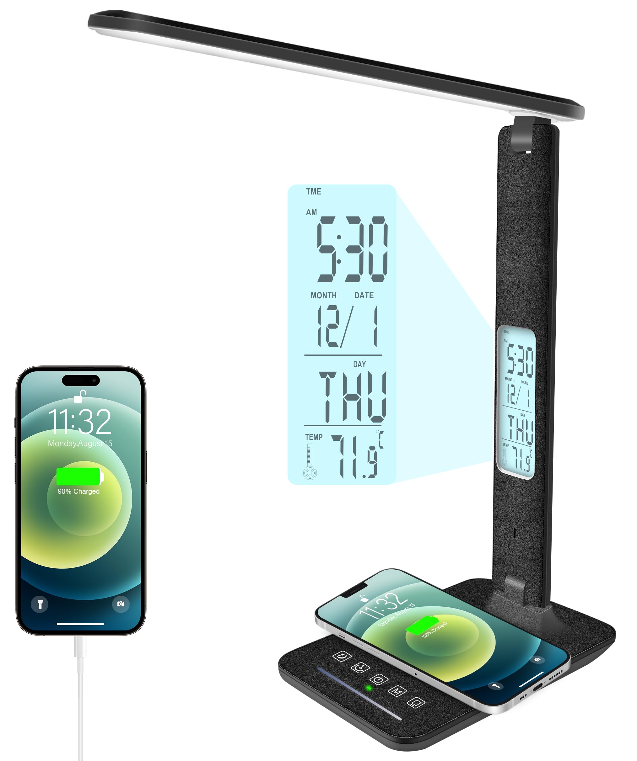 snsok Desk Lamp with Wireless Charger, USB Charging Port, Dimmable Office Desk Light with Clock, Alarm, Date, Temperature, Foldable Lamp for Table Bedroom Bedside Office (Black Pro)