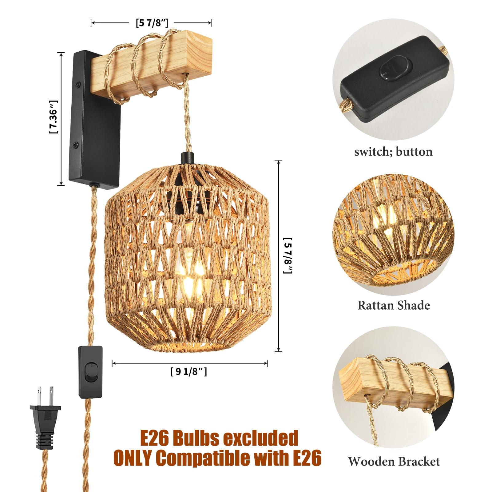NOVCAND Rattan Plug in Wall Sconces Set of Two, Boho Design, Black, Model TW20240820, Size: Plug in Wall Sconces-02