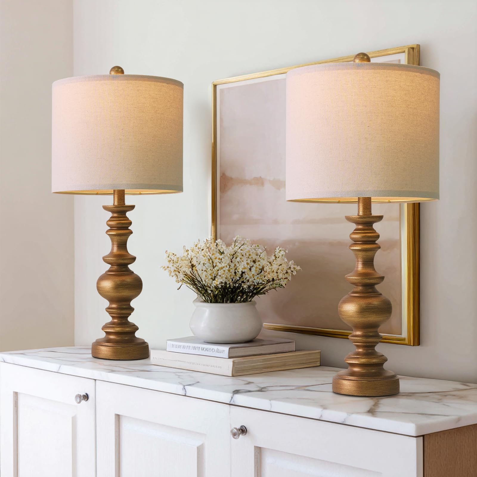 BOBOMOMO 24 Traditional Lamps Set of 2 - Antique Gold Bedside Lamps with Linen Shades  Elegant Medium Farmhouse Lamps for Living Room  Bedroom  and Hallway  Ideal for Warm  Cozy Spaces