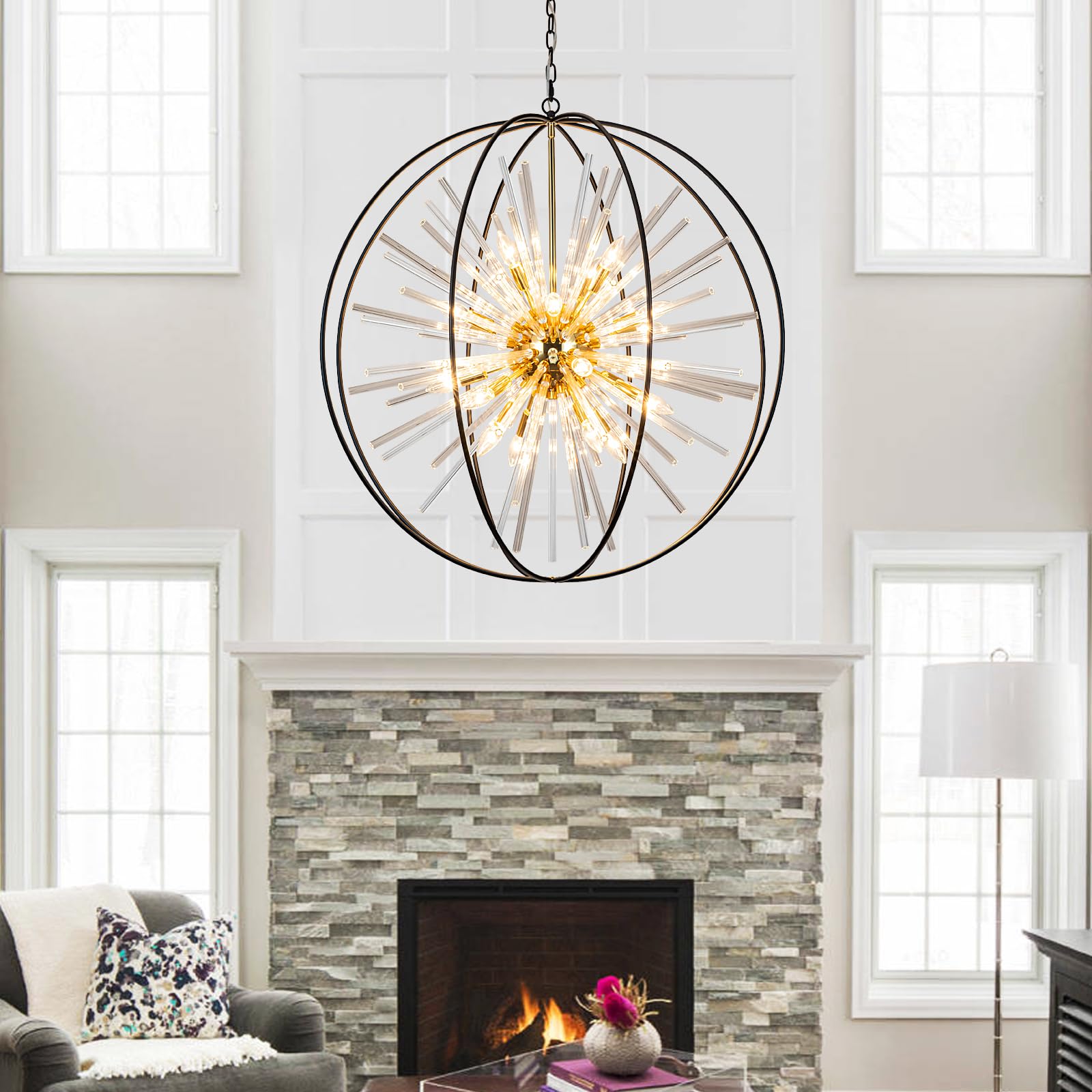 Vezzio 35" Black and Gold Crystal Chandelier, 20-Light Modern Farmhouse Design for High Ceilings, Foyer, Dining Room, Model ZJ-10
