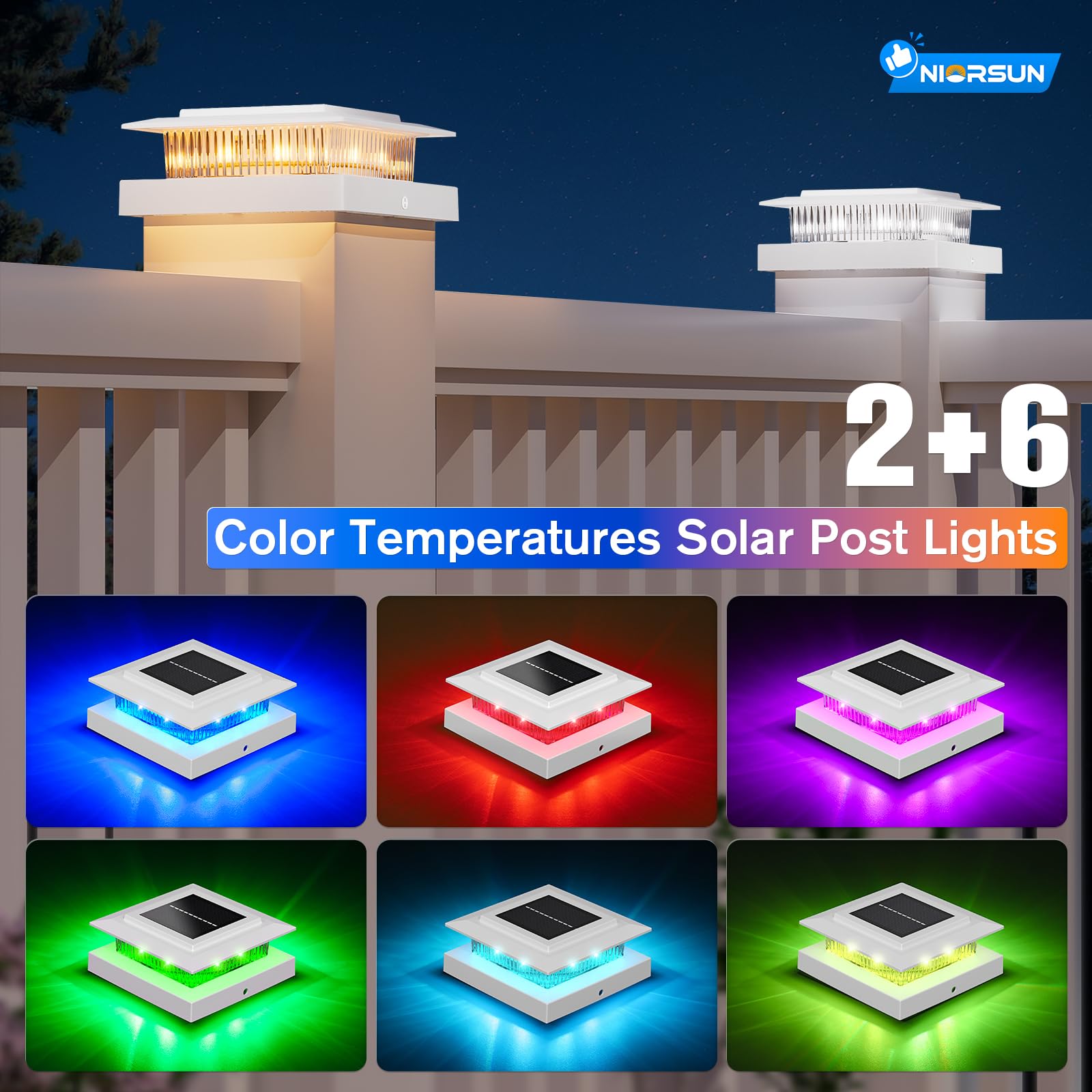 NIORSUN Solar Post Cap Lights, Waterproof RGB Color Changing, 6 Pack, 4x4 & 5x5 Vinyl, White, Model M013RGB-N