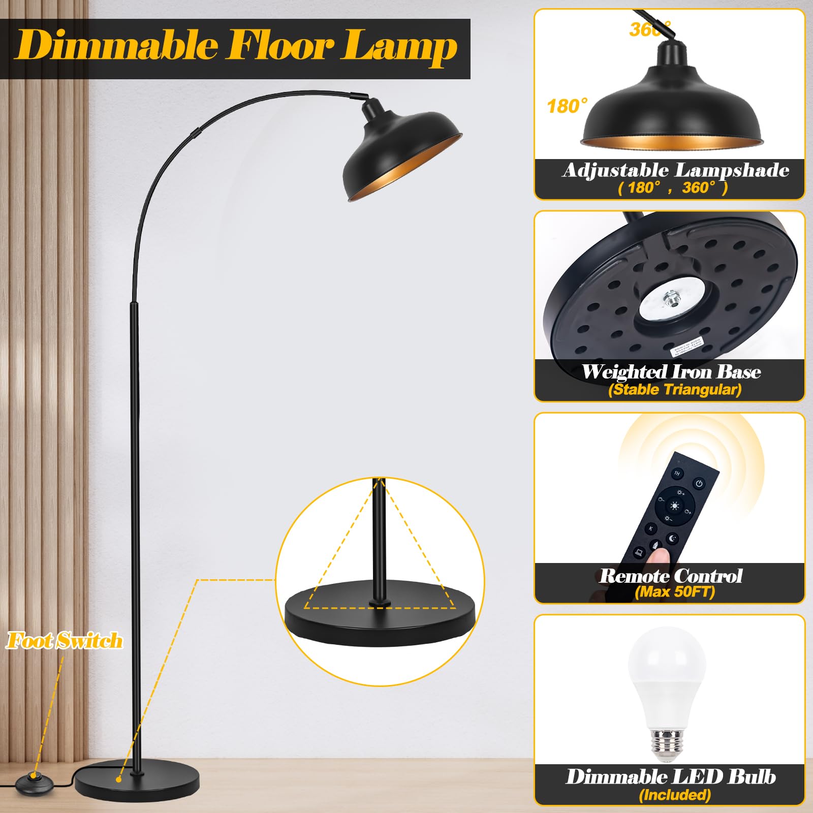 Arch Floor Lamps With Remote - Dimmable Floor Lamp 70 Black Tall Lamp With 360? Adjustable Hanging Metal Shade, Arc Lamps Floor