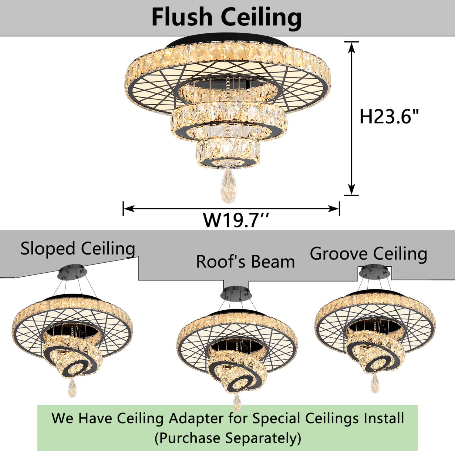 Haixiang 20 Inches Crystal Ceiling Light Modern Glam Chandelier Elegant Remote Dimmable Lighting Fixture Black Lamp