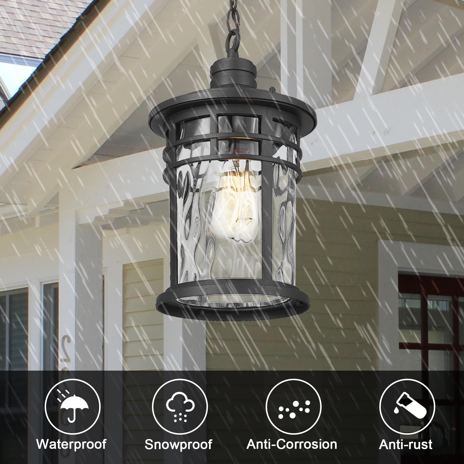 Darkaway Large Outdoor Pendant Light, 15in Aluminum Chandelier with Water Ripple Glass, Ceiling Mount for Porch, Black