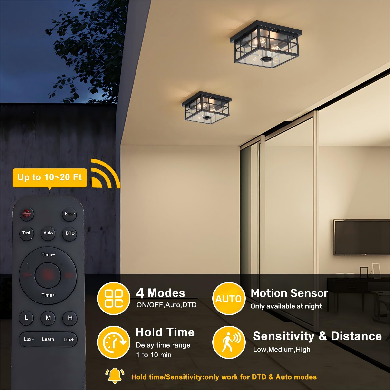 YJXGDIL Outdoor Ceiling Light with Motion Sensor, Remote Control, 4 Lighting Modes, Flush Mount, Black, Model H2005-300B