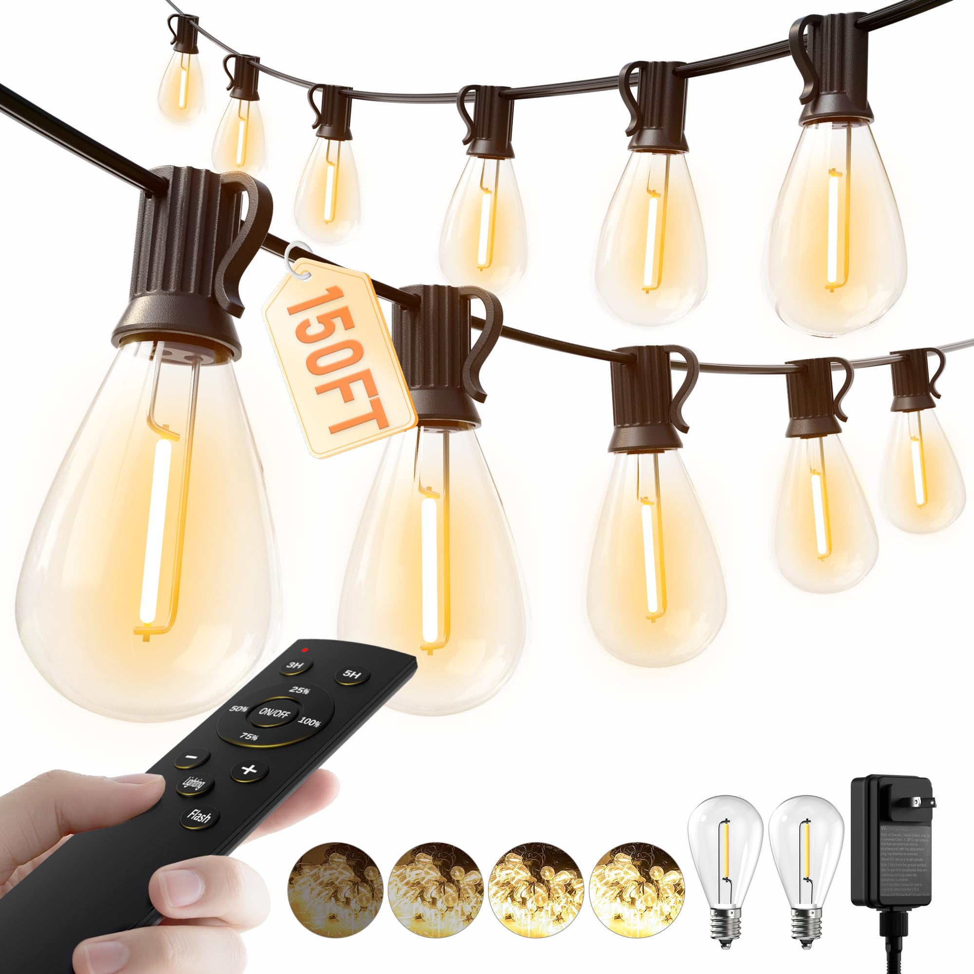 luckystyle LED Outdoor String Lights, 150FT, Warm Yellow-2200K, Waterproof, Dimmable, 55+2 Shatterproof Bulbs, Model S11