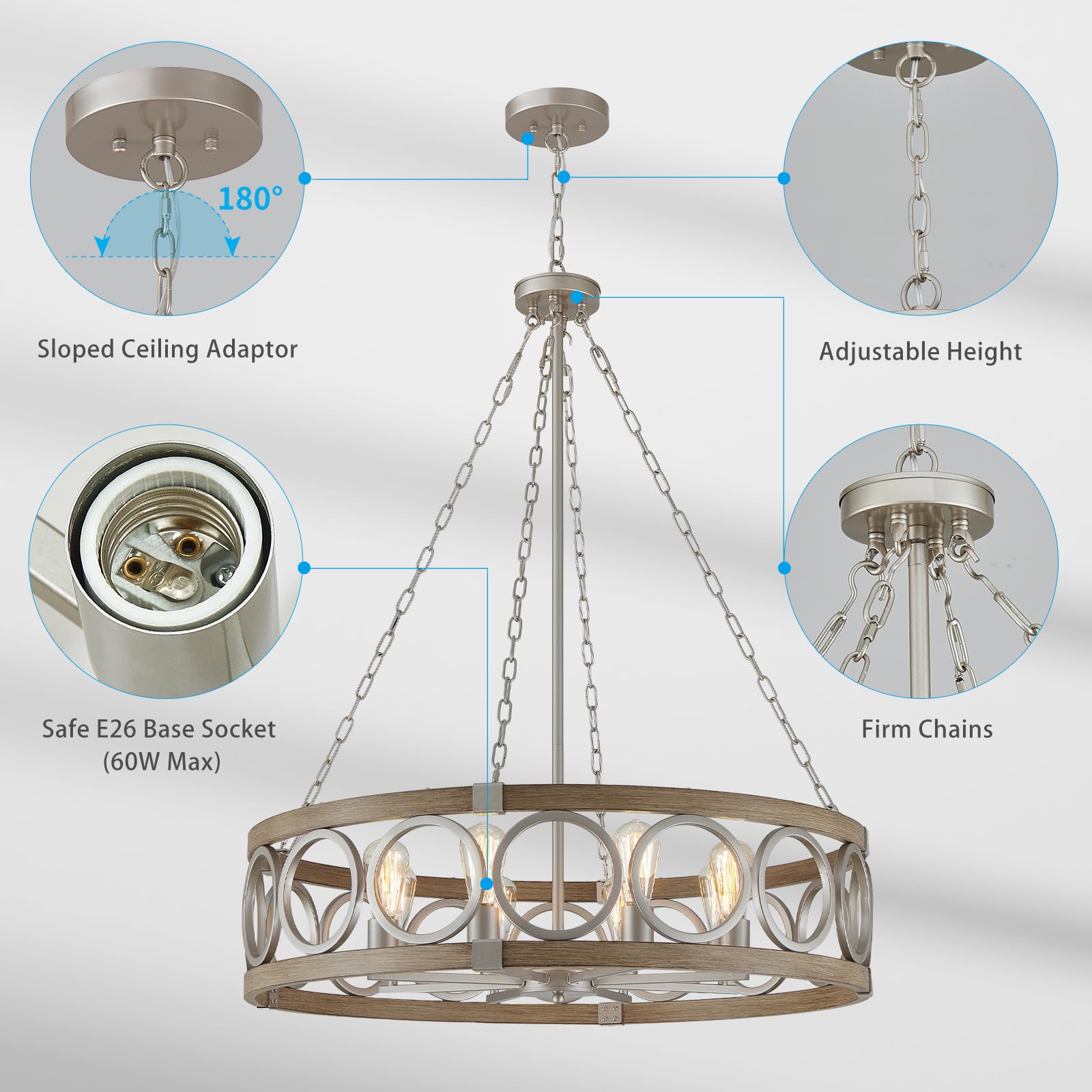 Xingqi 8-Light Modern Chandelier Large Round Drum Chandeliers For Dining Room 32.3" Rustic Pendant Brushed Nickel Light Fixture Over Table Farmhouse Metal Wood Grain Finish