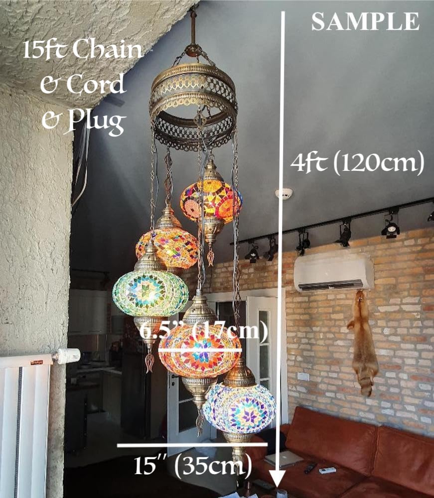 DEMMEX 5-Large 7in  Turkish Moroccan Mosaic Plug-in Chandelier, Colorful Bohemian Pendant Light, 15-ft Cord, Rainbow