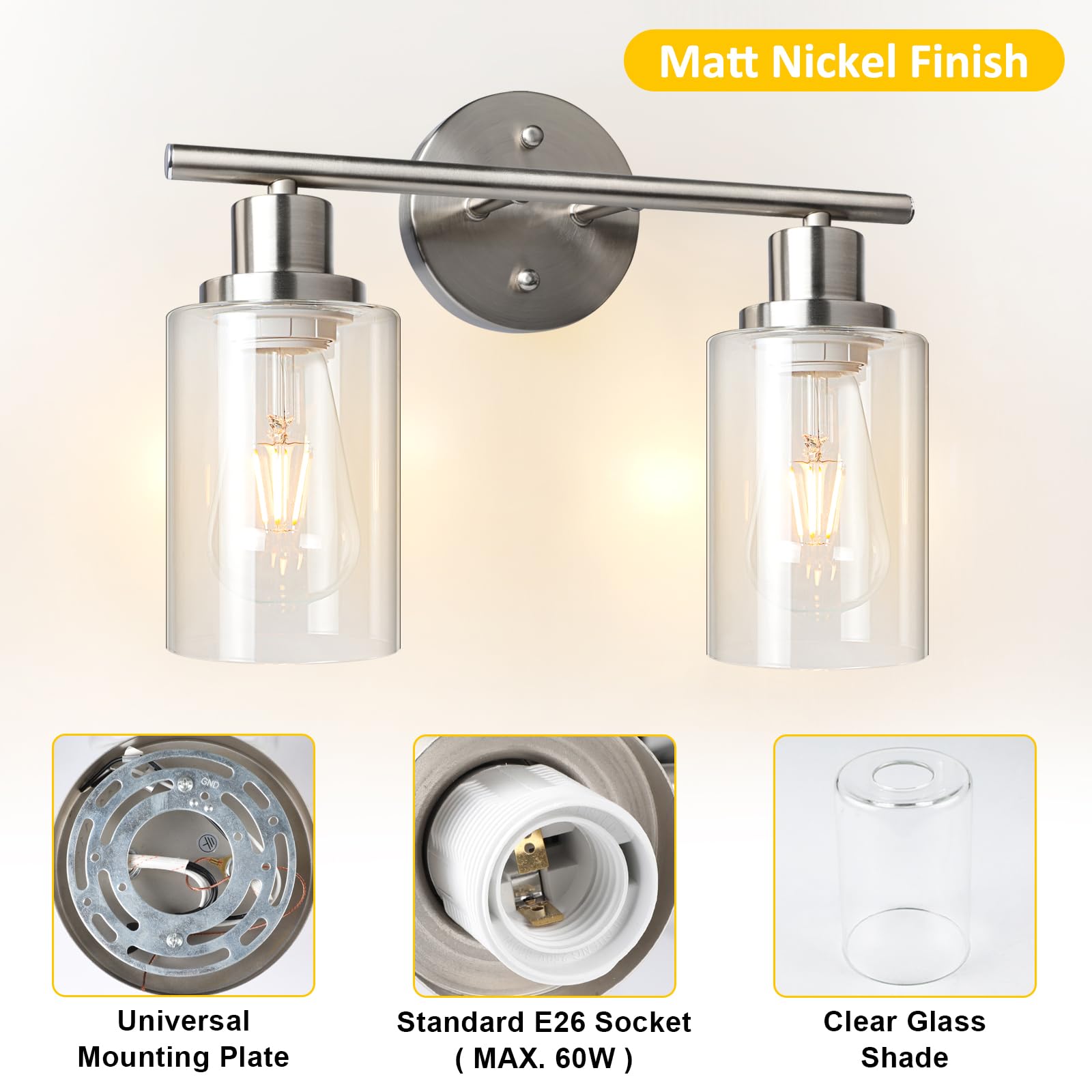 Unicozin 2 Light Vanity Lights, Matt Nickel Wall Sconce with Clear Glass, E26 Base, Bathroom Lighting Fixture