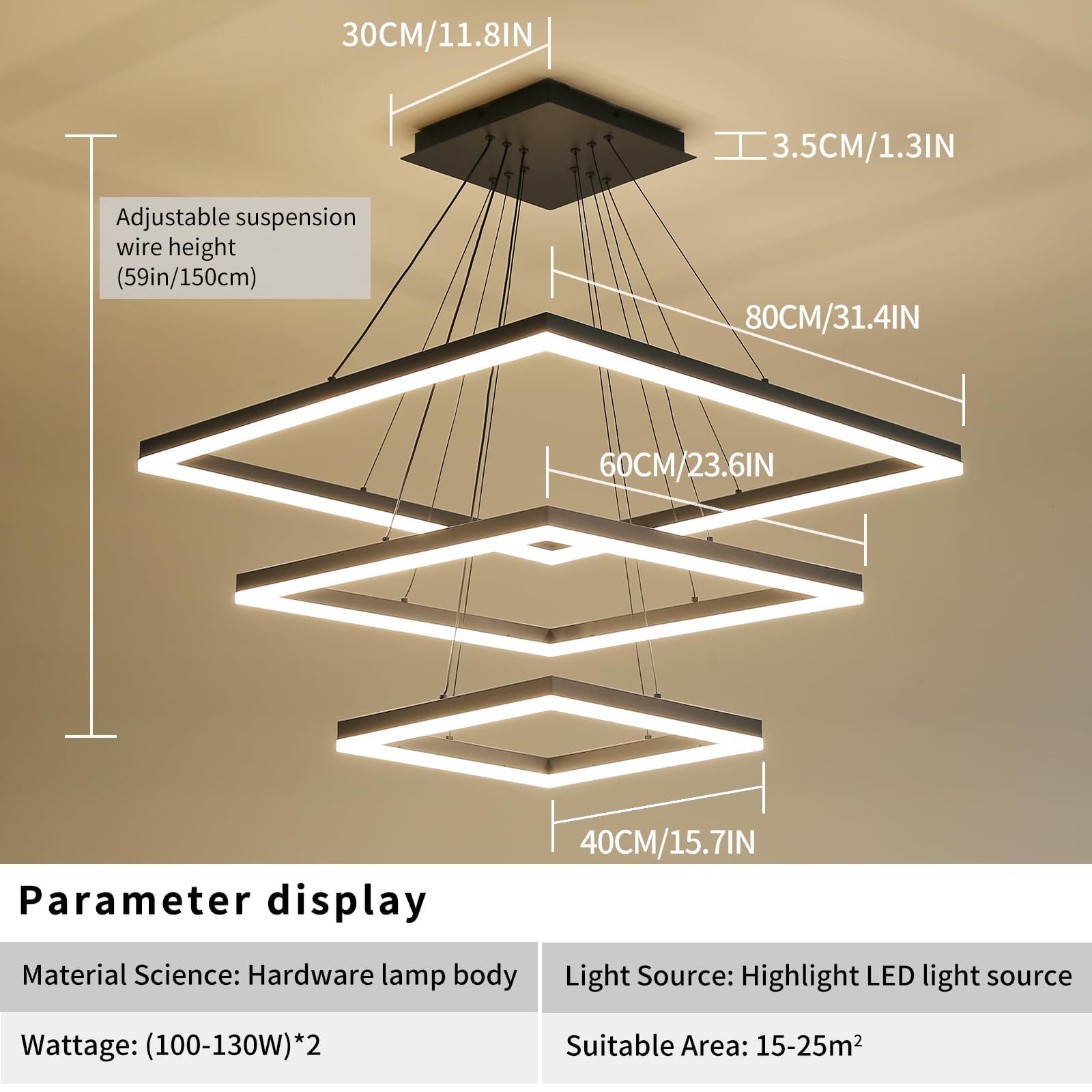 Matven Pendant Lights Ceiling Chandelier, Remote Control, Dimmable 3 Color Modes, 15.7+23.6+31.4in, Black, Acrylic Anti-Flicker Fixture