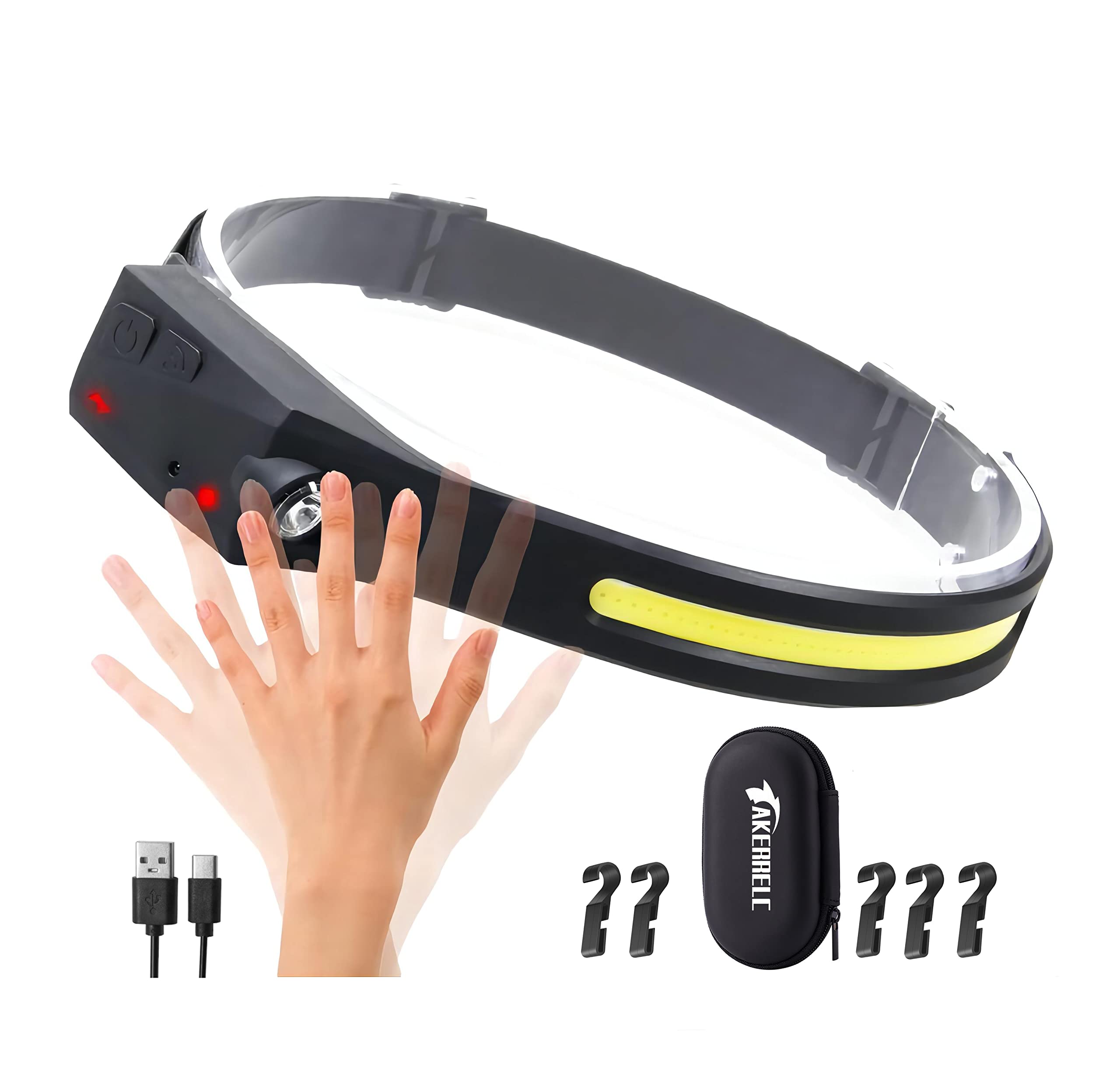 Akerrelc Headlamp, Rechargeable Led Headlamp With Motion Sensor, Up To 1200 Lumens And 10 Hours Runtime, 5 Clips And 1 Case, Wat