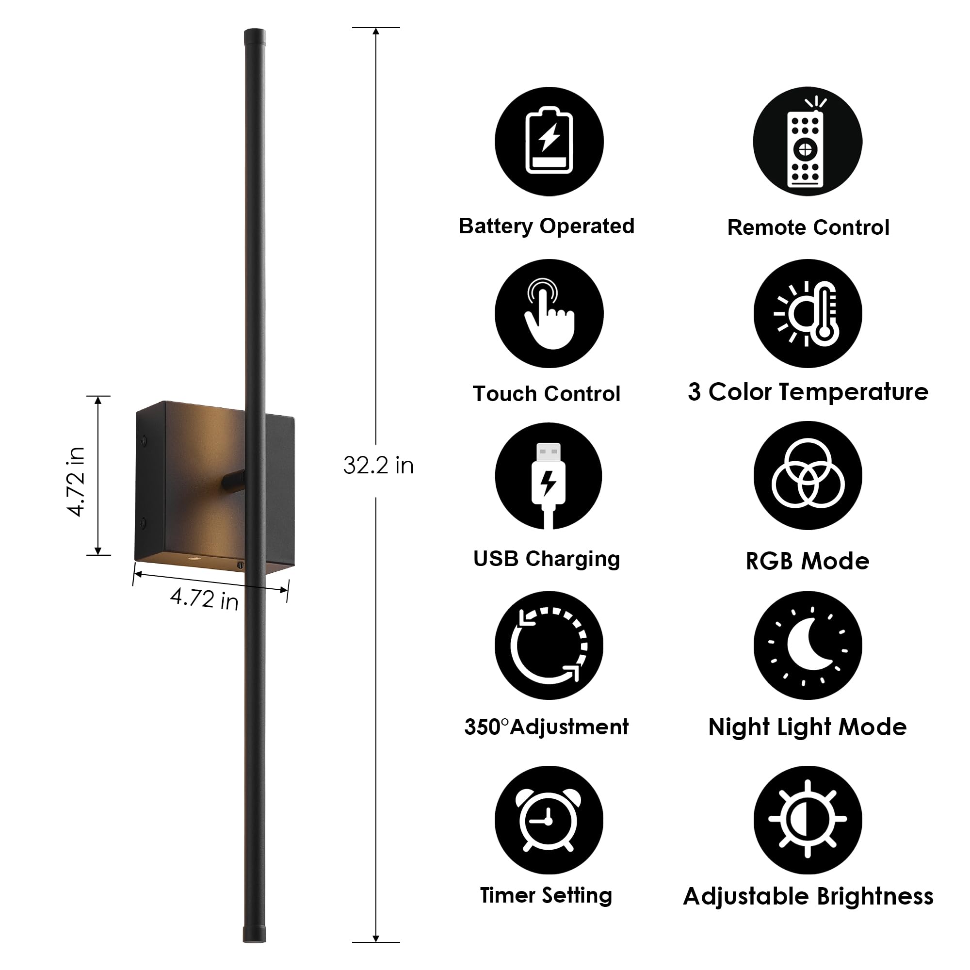 KARTOOSH Wireless Wall Sconces Set of Two, Remote Control, Dimmable, RGB Colors, 32.2 Inch, Black, Model ZM210BBLR80