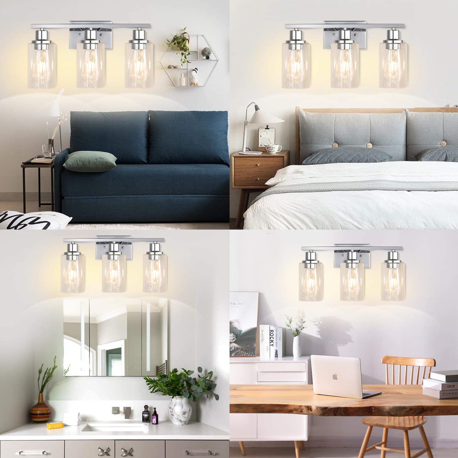 Apenath 3 Light Vanity Light Fixtures, Polished Chrome Wall Sconces, Metal Glass, Model FLUS-CH3L-01
