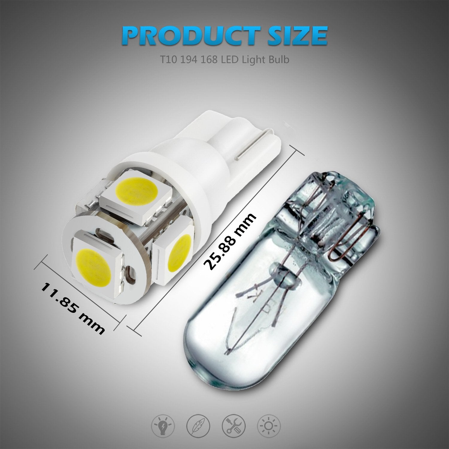 Partsam T10 LED Light Bulbs 5X White 161 168 194 Wedge Base Lights 5-5050-SMD for Cab Roof Running Marker Light LED Backup Licen