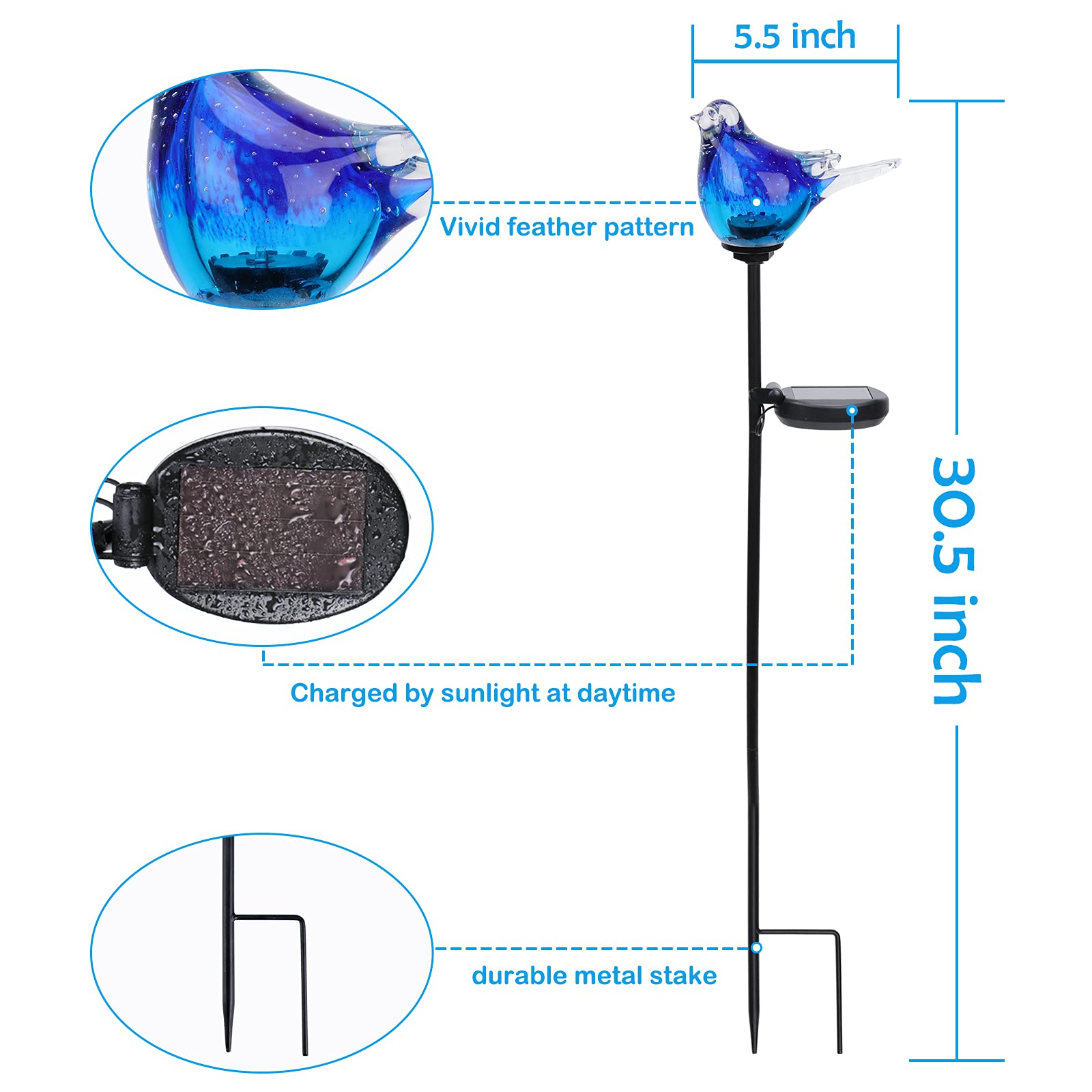 Afirst Bluebird Hand Blown Glass Garden Stake Lights - Waterproof Outdoor Decor