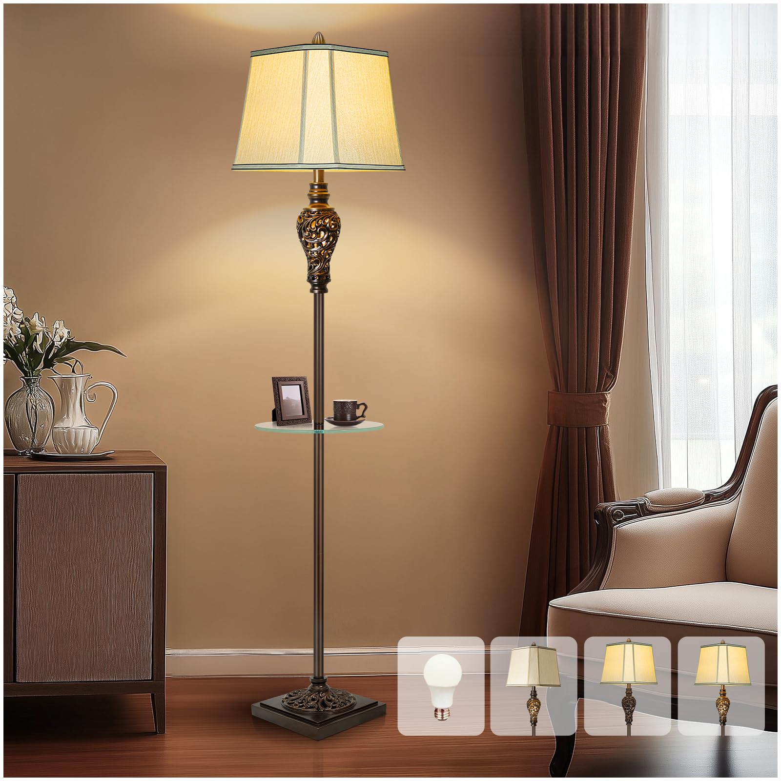 Rustic Floor Lamp For Living Room With Nightlight And Glass Tray, Vintage Standing Lamp With Beige Faux Silk Shade, Farmhouse Ta