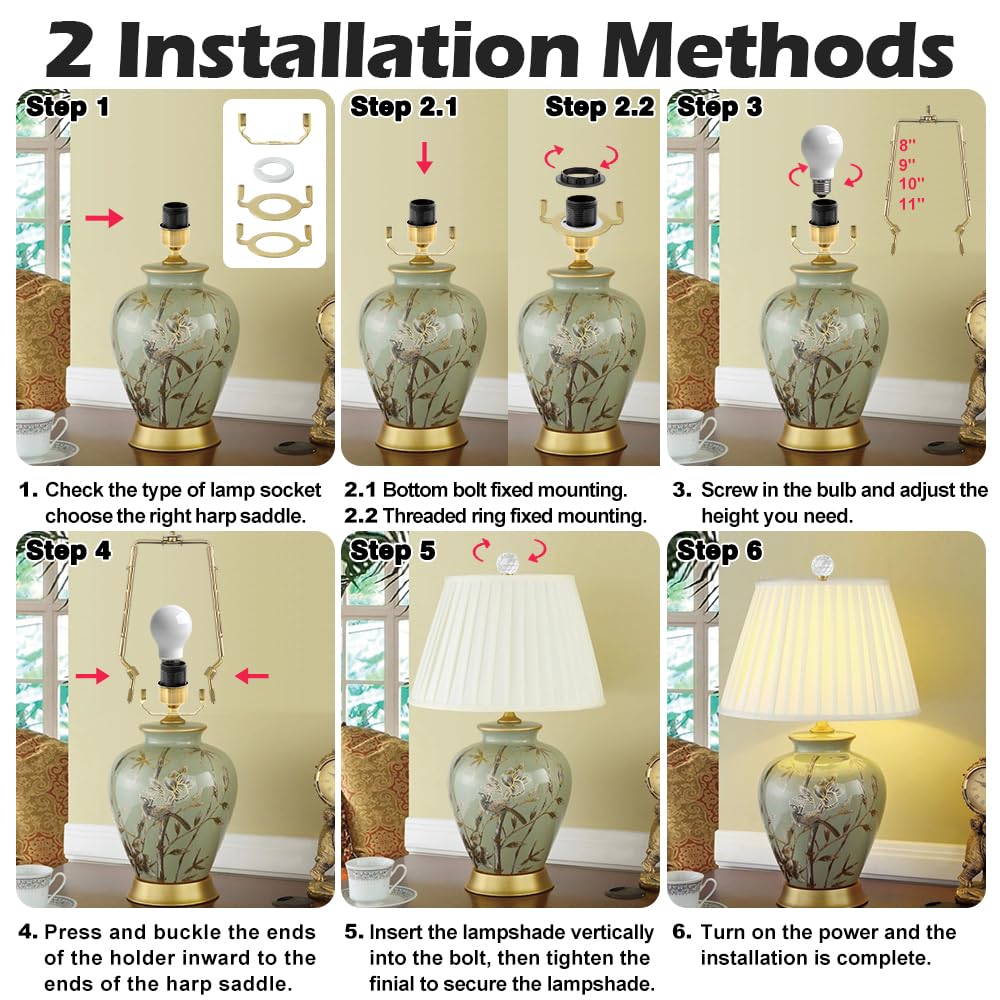 Asjeumt 8 9 10 11 Inch Brass Lamp Shade Harp Holder, 2 Set Adjustable Height Harp Kit With Crystal & Metal Finial, Diy Replaceme