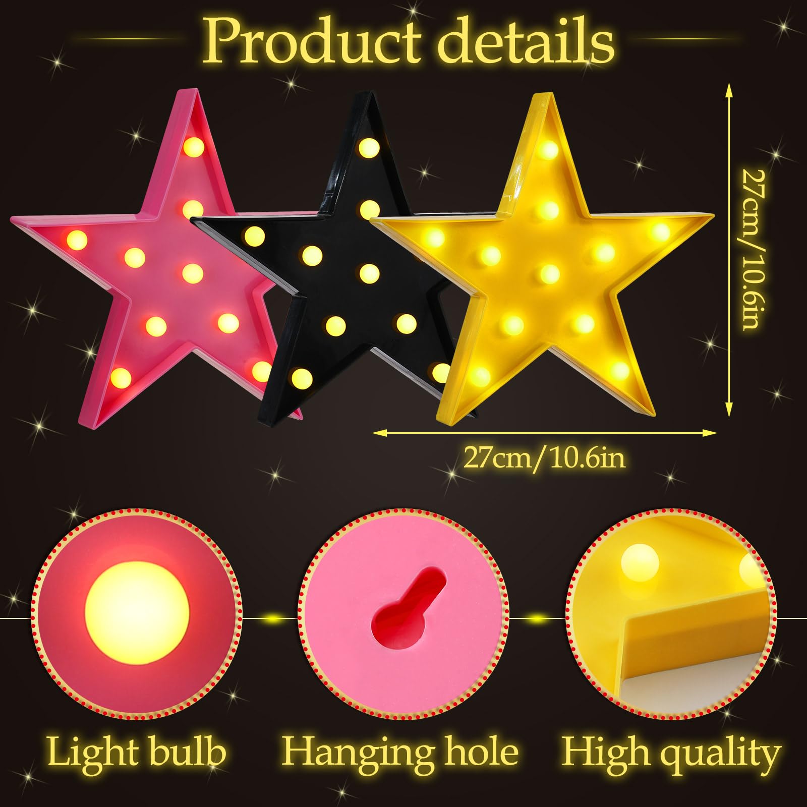 Vihose 3 Pcs Star Marquee Lights Movie Star Lights Battery Operated Led Star Signs Light Up Movie Theater Decor Plastic Night Li