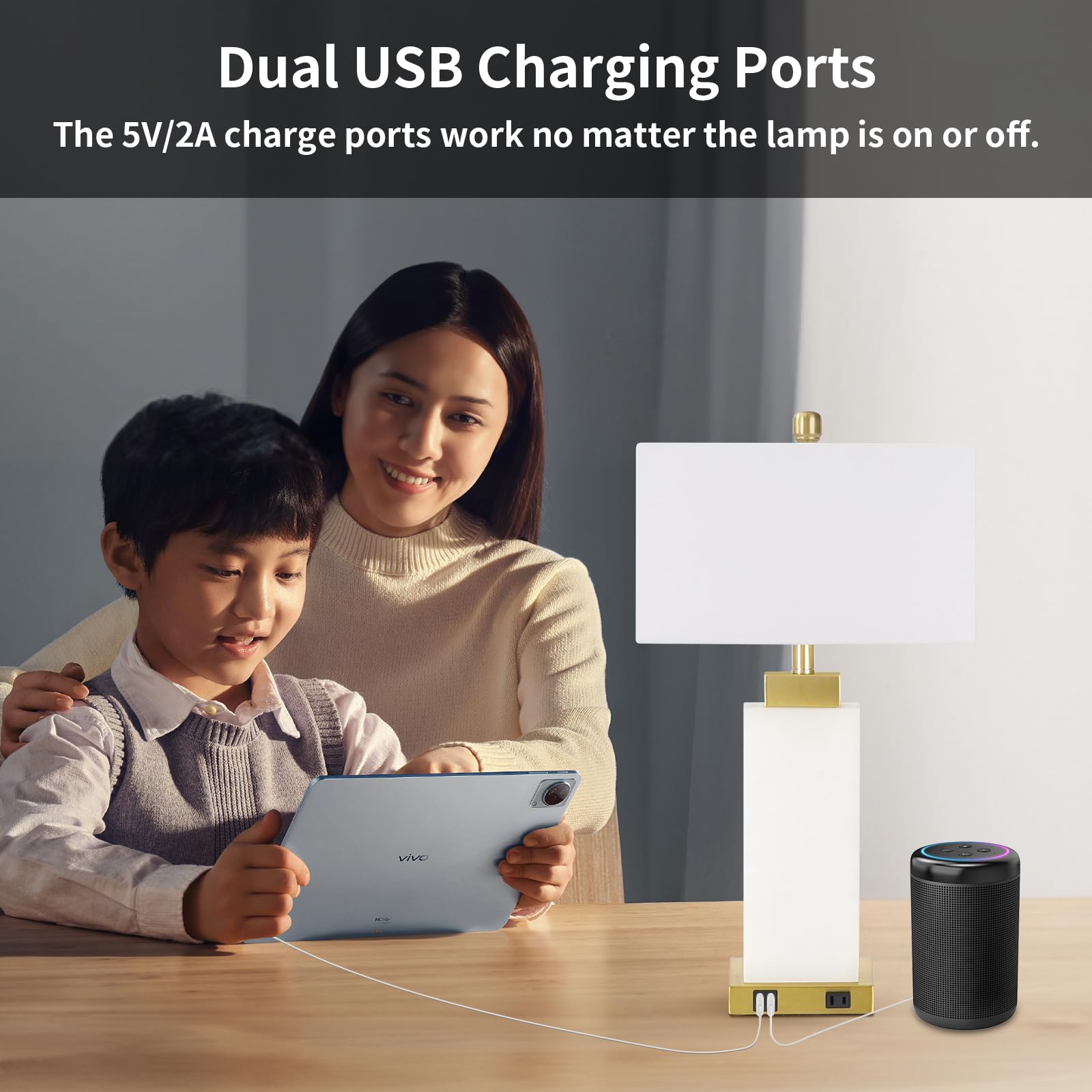 Velxee Table Lamps Set Of 2, 3 Way Dimmable Real Marble Modern Coastal Nightstand Bedside Lamps With 2 Usb Ports 1 Ac Outlet For