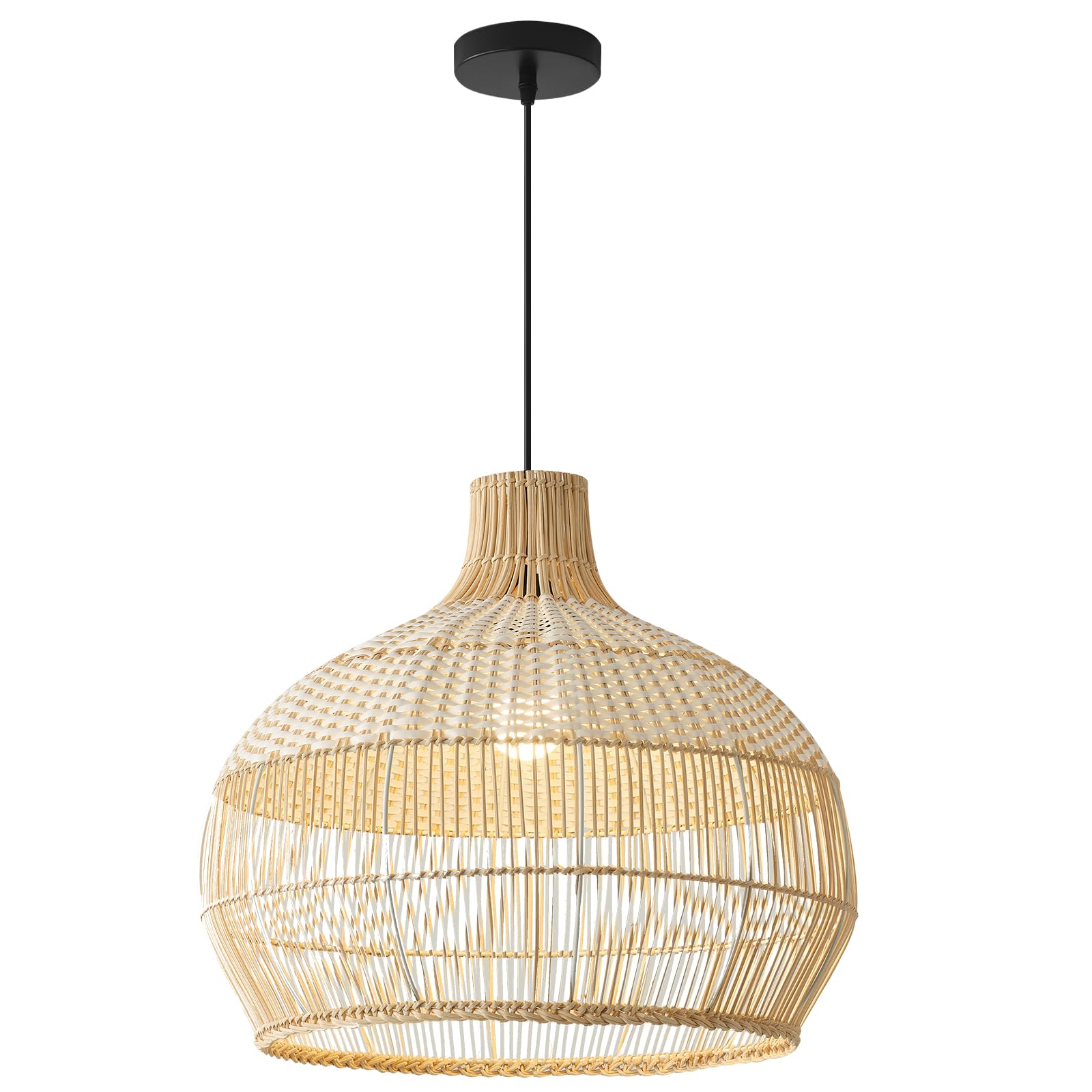 Teru Ji Kaikang 15" Rattan Pendant Light Fixture,3-Light Hand-Woven White Wicker Basket Chandelier Boho Faux Rattan Hanging Lamp,For Dining Living Bedroom Kitchen