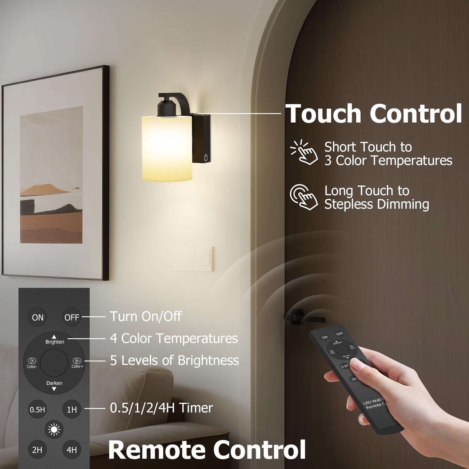 iThird Wall Sconce Set of 2, 6000mAh Rechargeable, Touch & Remote Control, Black, 8 Inch, Wireless Wall Lamps for Bedroom & Living Room