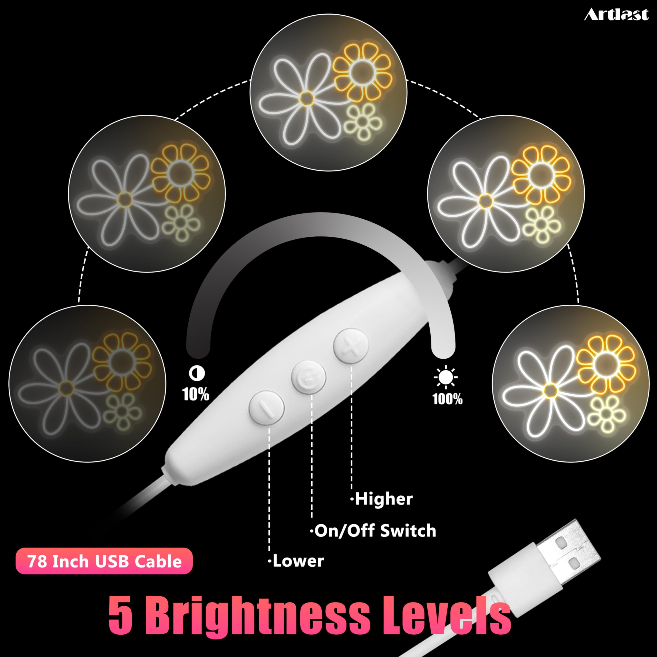 Artlast Neon Sign, Boho Flower LED Wall Decor, 13.39x13.23 inches, Cool White+Warm White+Yellow, Acrylic