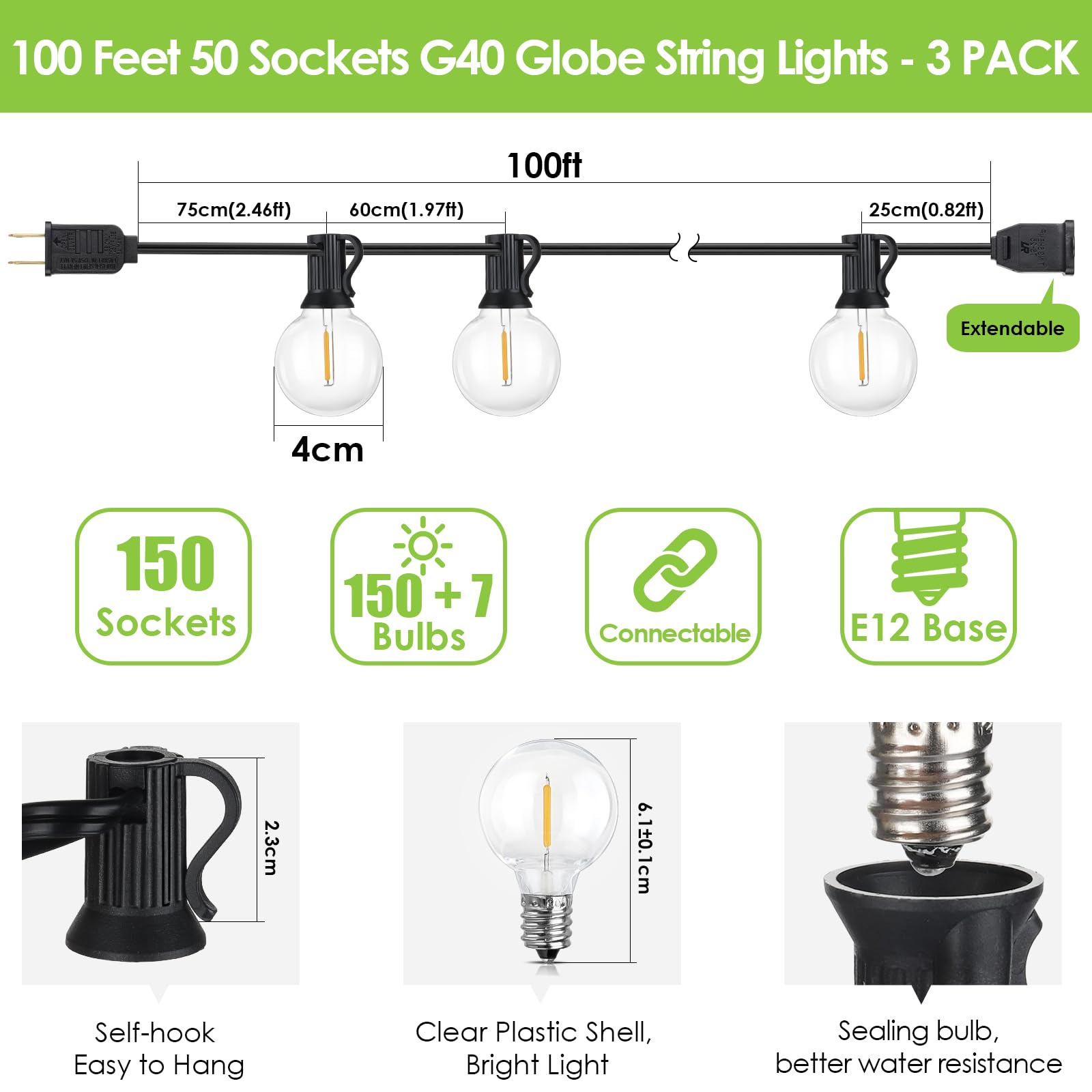 Mlambert 300Ft(3X100Ft) Led Outdoor String Lights Dimmable Waterproof G40 Globe Patio Lights With 150+7 Warm White Bulbs For Bac