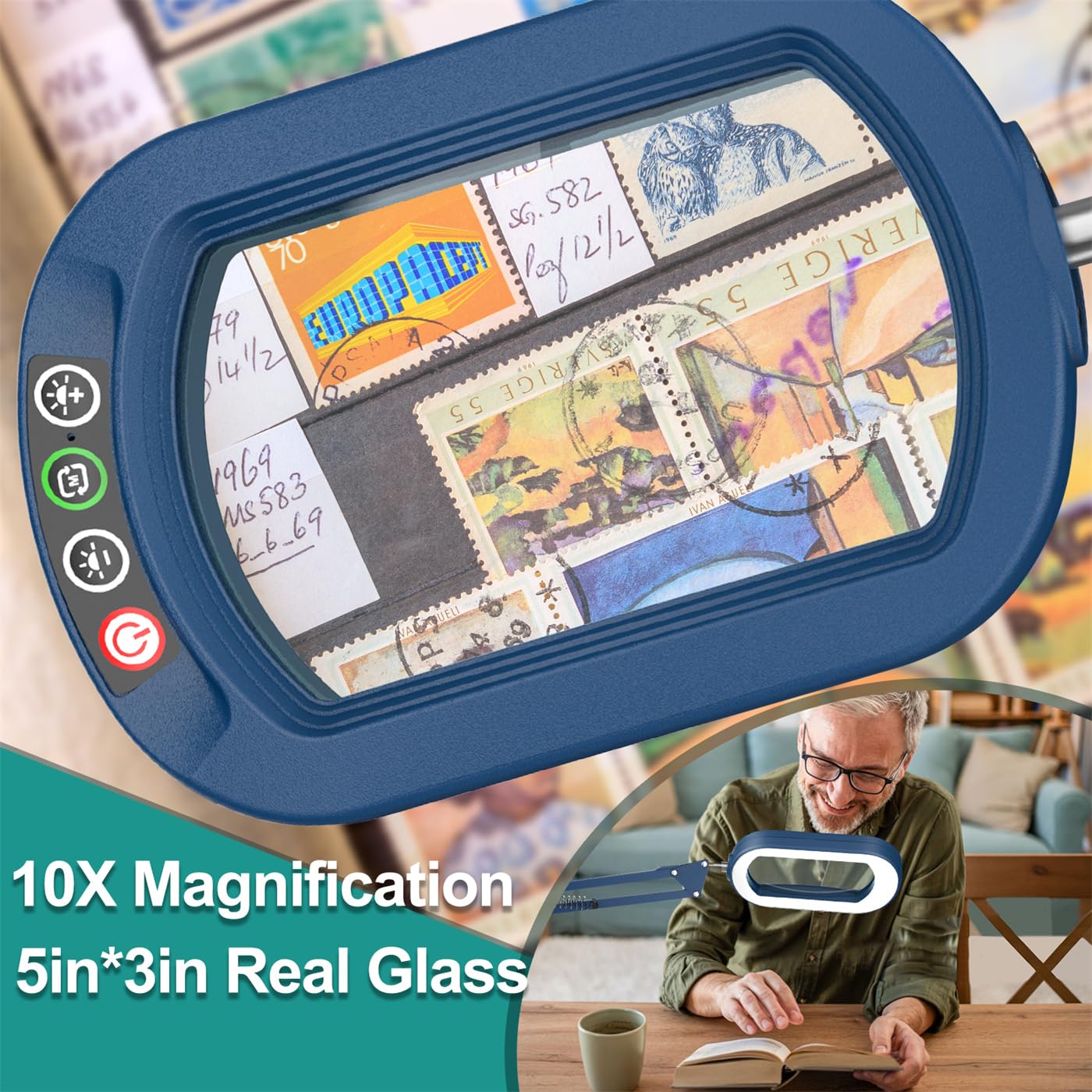 IVMAIE 10X Magnifying Glass with Light, Dimmable Clamp Desk Lamp, Swing Arm, Blue, Model JZ602