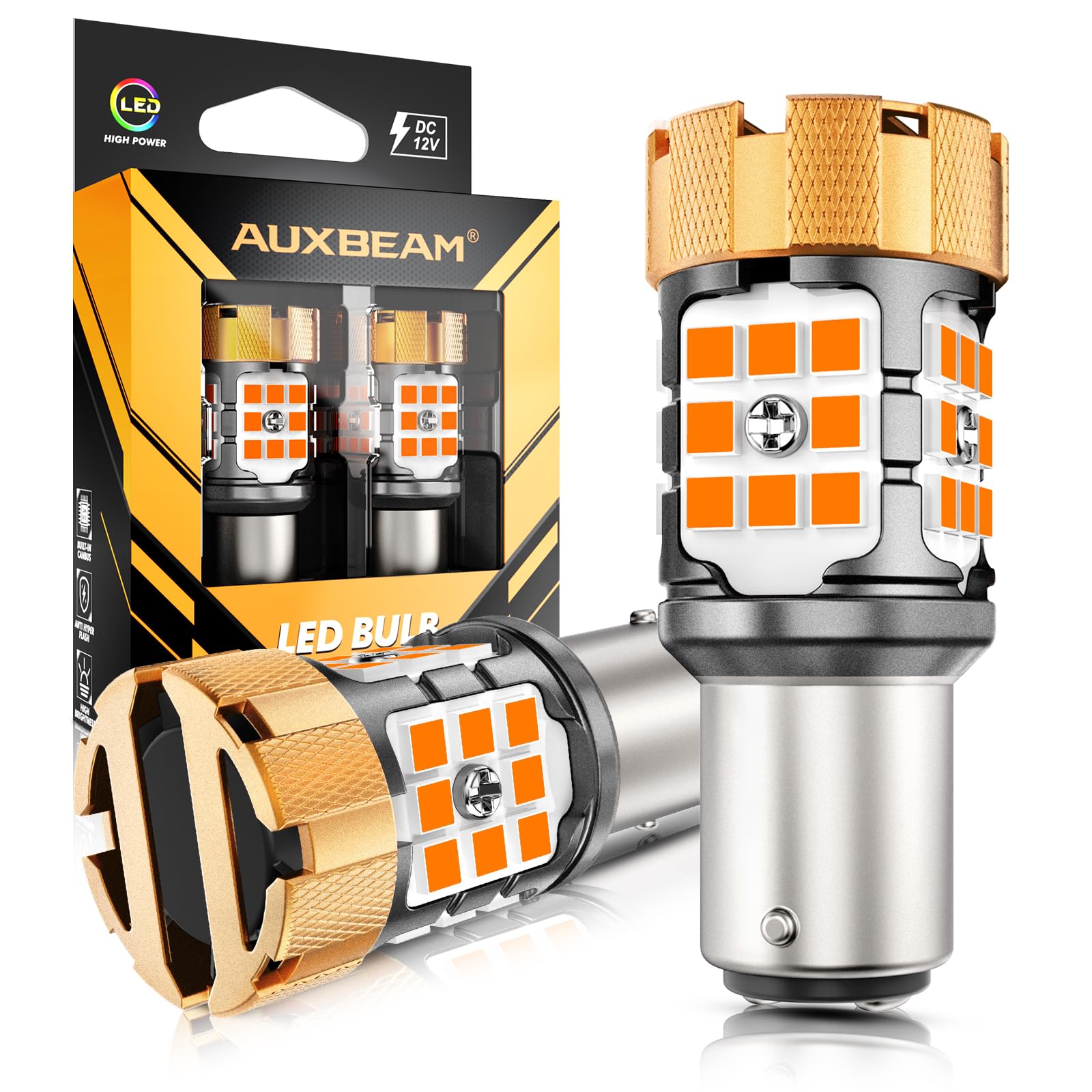 Auxbeam 2025 B21Pro Series 3157 LED Bulbs Amber Yellow with Resistor CANBUS Error Free Anti Hyper Flash T25 3156 3057 3157A 3157