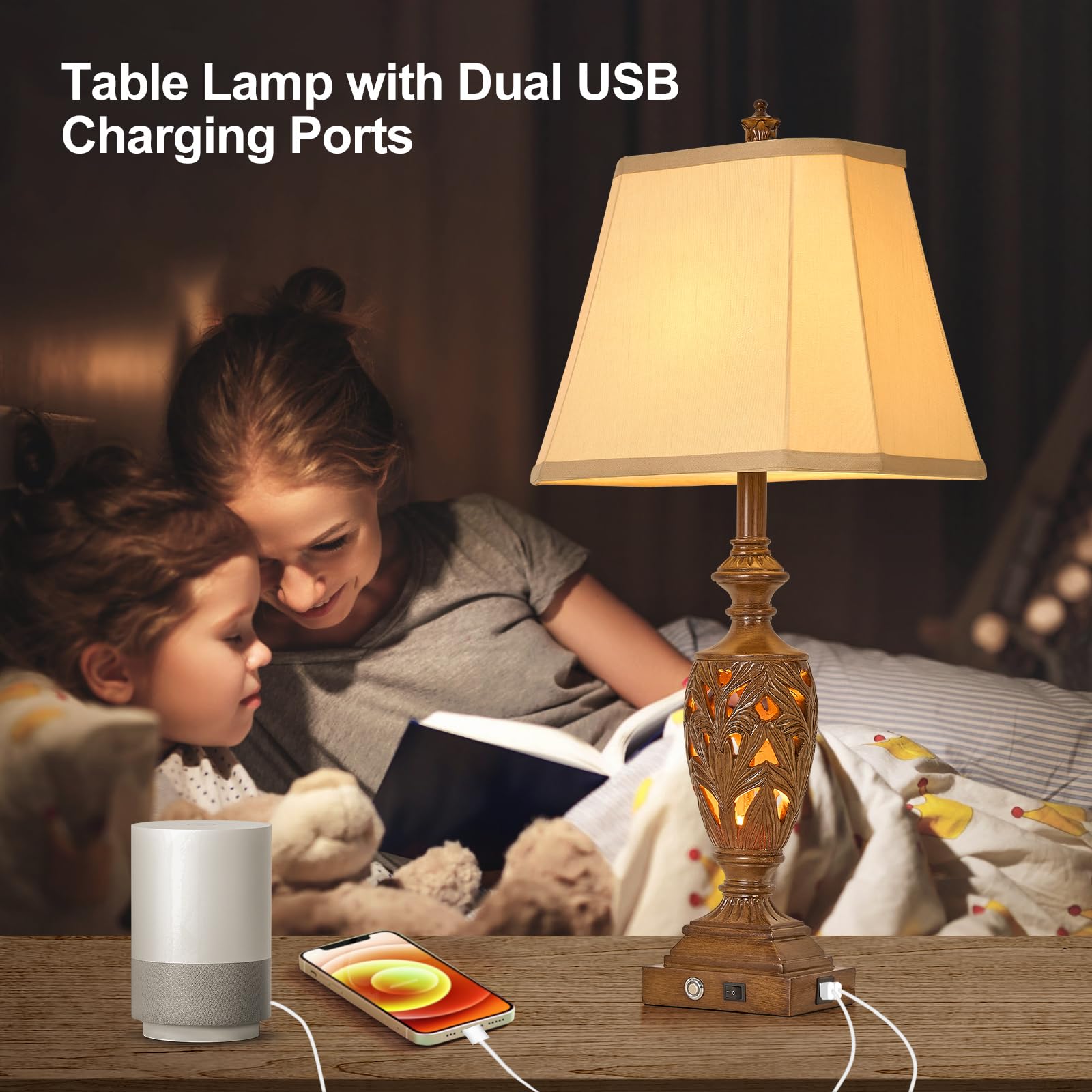 AIDENOEY 29.5" Touch Control Table Lamp Set of 2, Vintage Bronze Resin, 3-Way Dimmable with Dual USB Ports, Model HM002