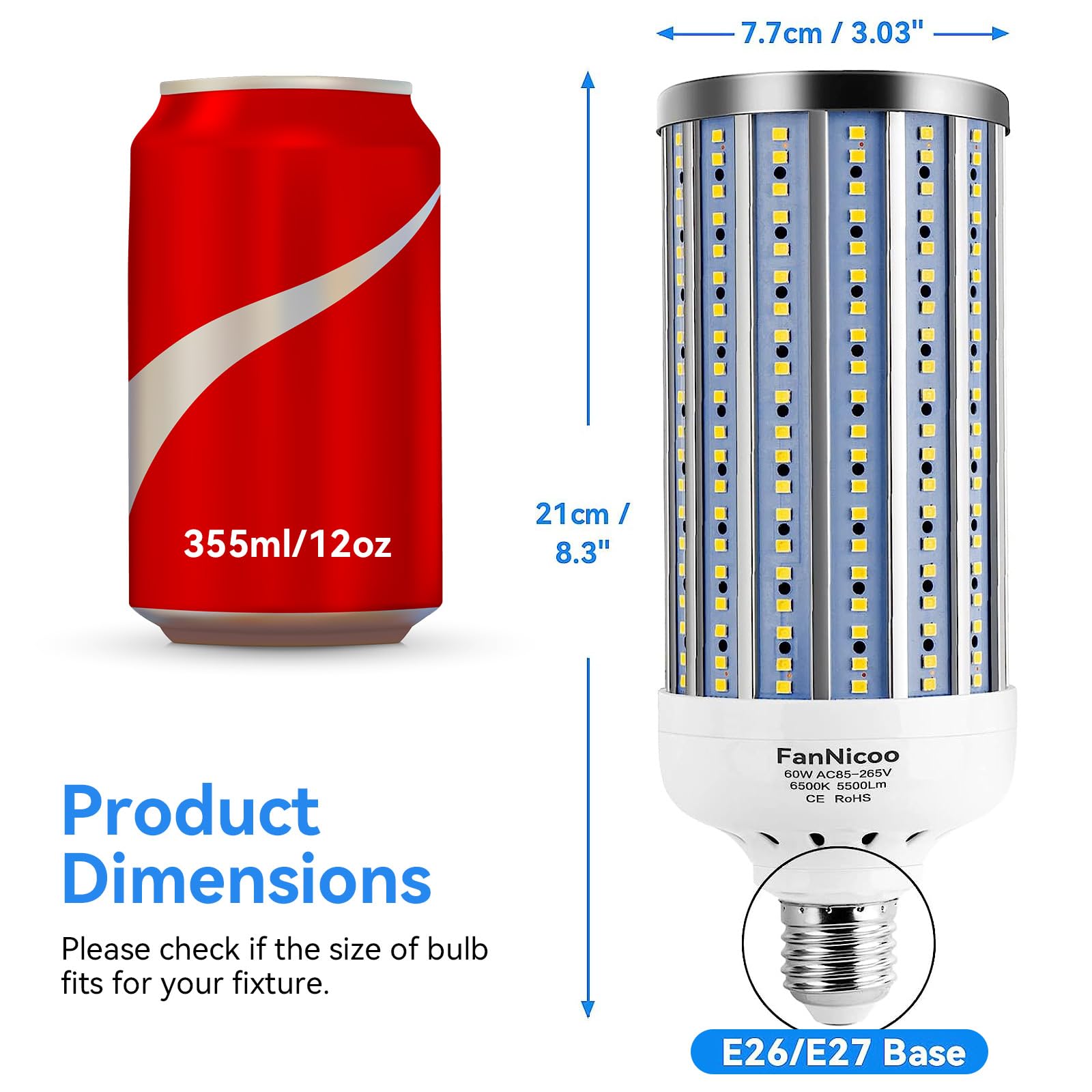 FanNicoo LED Corn Light Bulb 2 Pack, 500W Equivalent, 5500 Lumen, 6500K Cool Daylight, E26/E27, Metal, Indoor/