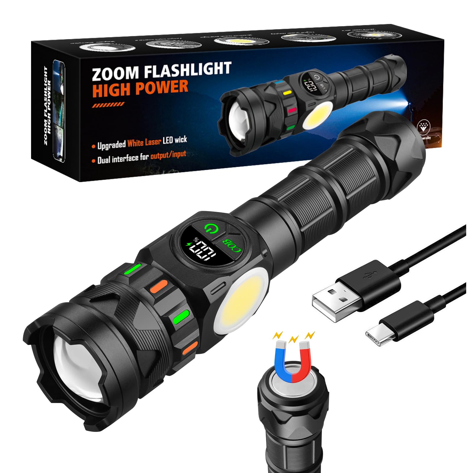 Rechargeable Flashlights High Lumens 5000 Long Distance, Super Bright LED Flash Lights with COB Sidelight USB C LCD Display, Dau