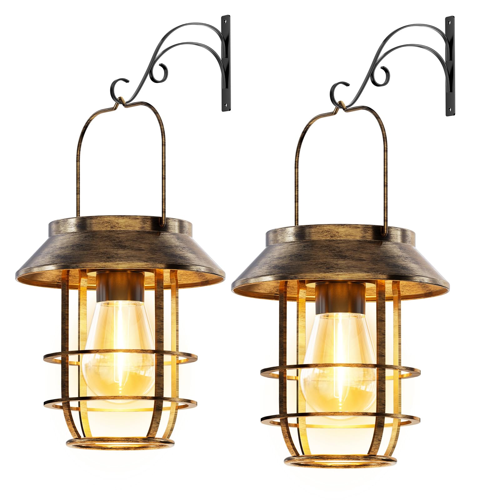 Ahaorigin Solar Lanterns Outdoor Waterproof  High Brightness Hanging Solar Lights for Outside with Wall Hooks  Retro Metal Outdoor Lanterns Auto On/Off for Porch  Patio  Yard Decor 2 Pack
