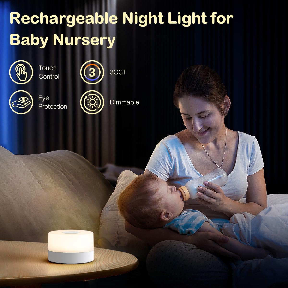 JUSHENG Baby Night Light - Rechargeable LED Touch Lamp, 3 Color Temperatures, Dimmable, Portable, White, Model CG0025WT