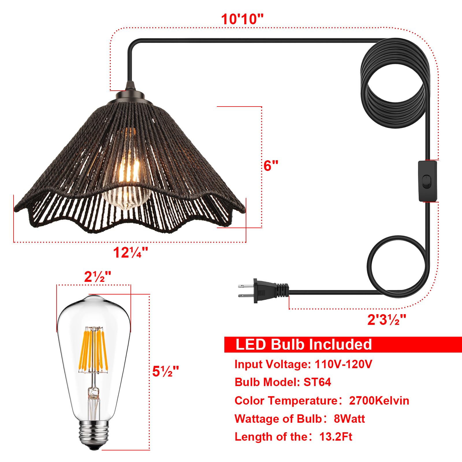 Tebio Rattan Plug In Pendant Light Set Of 2 (Bulbs Included), 12''X6'' Boho Hanging Lights With 13Ft Black Hemp Plug-In Cord, On
