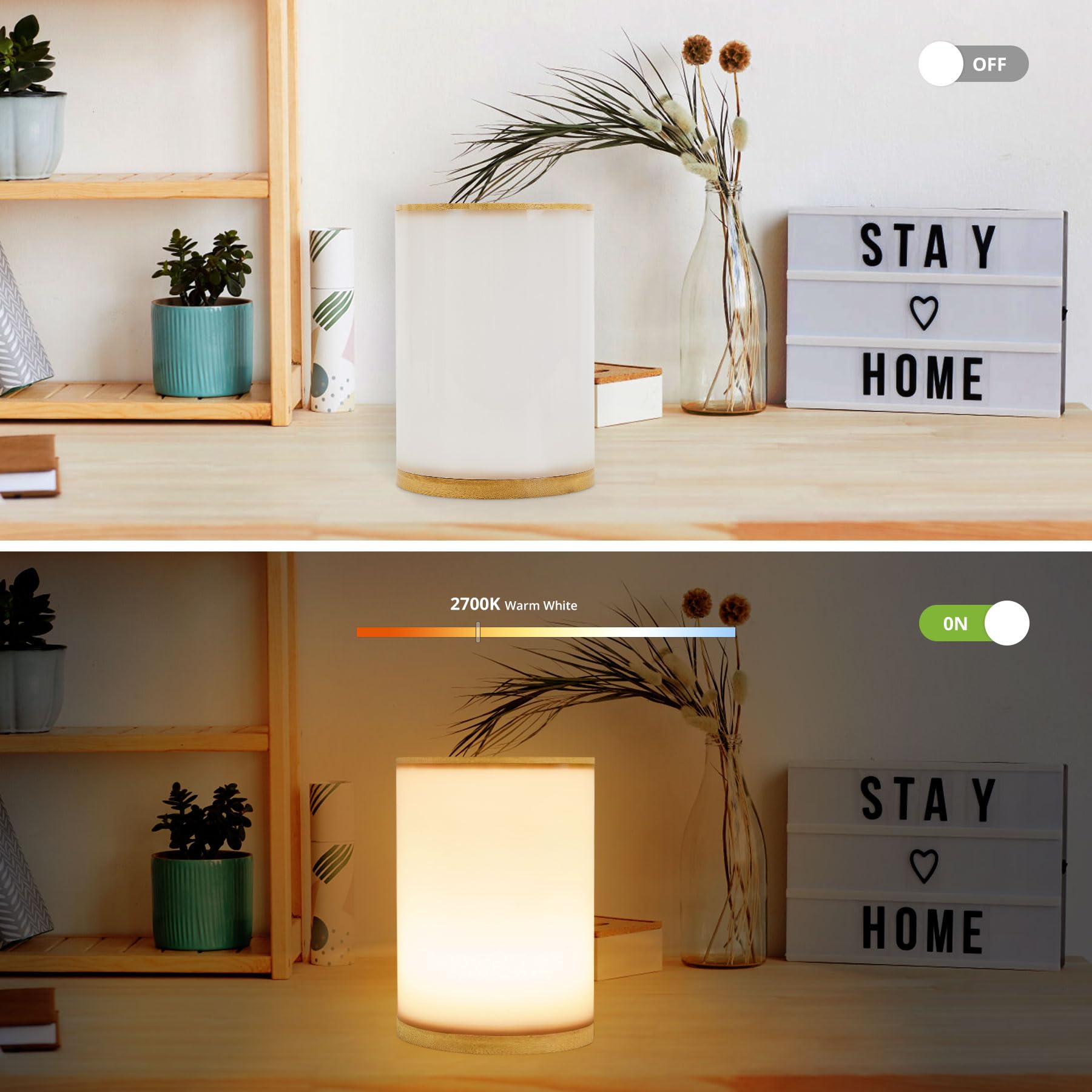 UCHENTON Mini Bamboo Bedside Table Lamp, 10 Brightness Levels, 3 Color Temperatures, Polycarbonate Shade, USB, Cold White/Warm White/White