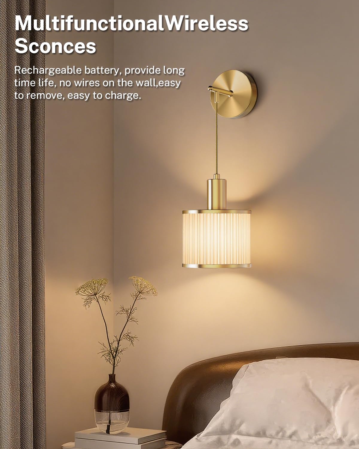 SAIMAND Battery Operated Wall Sconce Set of 2, Wireless LED Lights, Dimmable, Gold + Beige, Remote Control, Modern Design