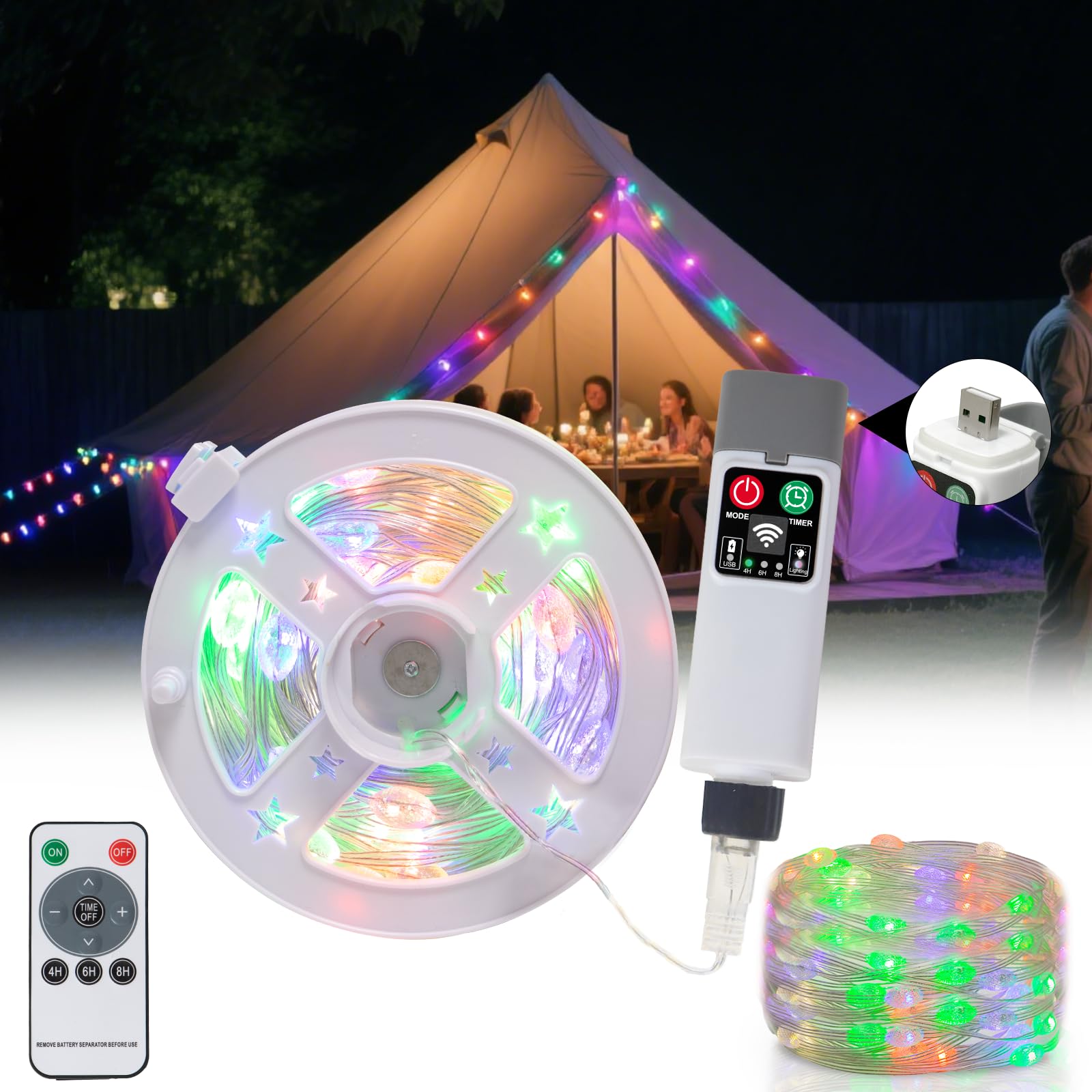 Moobibear Camping String Lights, 33FT 100LED RGB, Waterproof LED Lamp, Rechargeable Tent Lights, Model B-SL003-50L-WN, 10M Rugby
