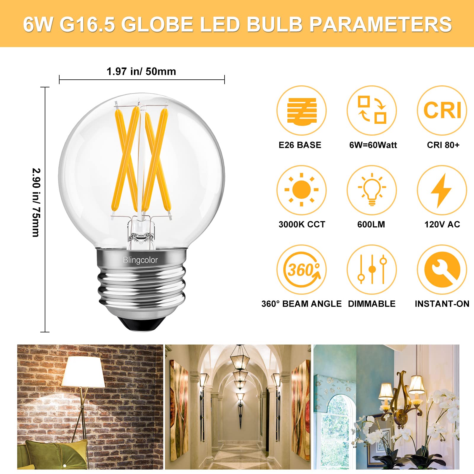 Blingcolor 6 Pack Dimmable G16.5 Led Light Bulbs 60 Watt, E26 Led Bulbs 60 Watt Soft White 3000K, 6W E26 Globe Led Edison Small