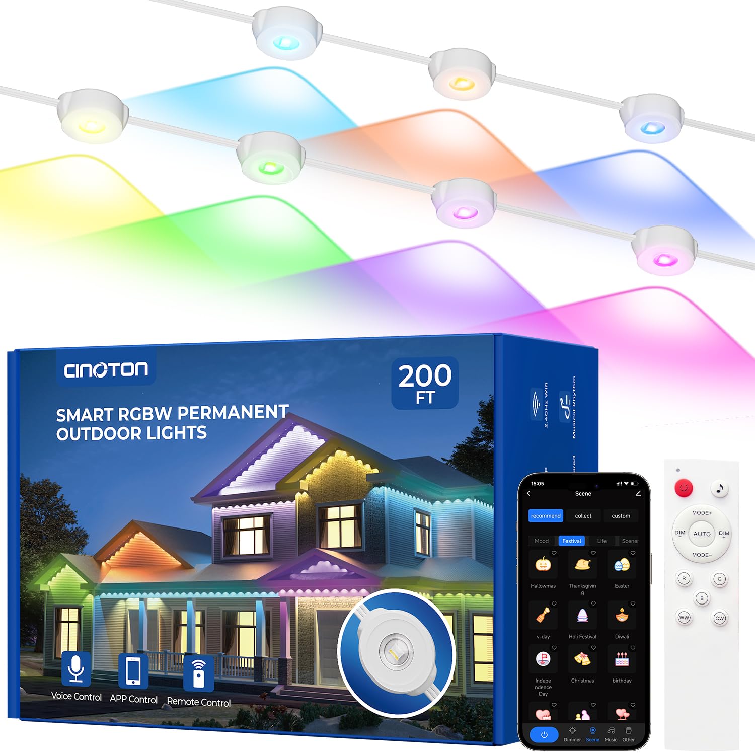 Cinoton Permanent Outdoor Lights Pro 200Ft  Smart Rgbcw Eaves Lights With 120 Leds  Ip67 Waterproof  111 Scene Modes For Daily And Festival  Halloween Christmas Holiday Decor  App/Voice/Remote Control