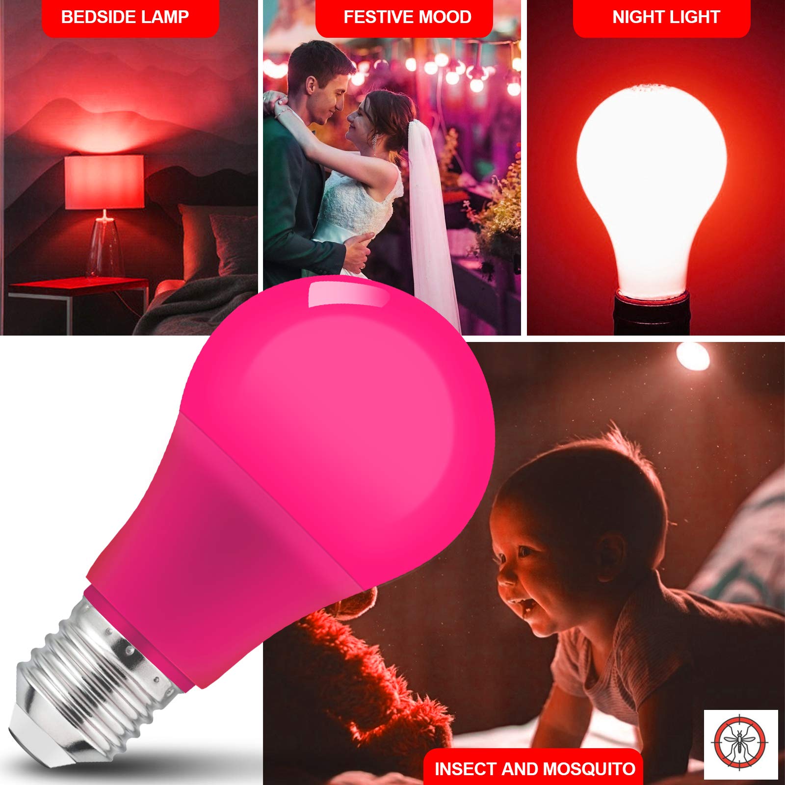 KQHBEN LED Pink Light Bulbs 9Watts (60w Equivalent), E26 Base for Wedding Halloween Christmas Party Bar Decor, 2-Pack