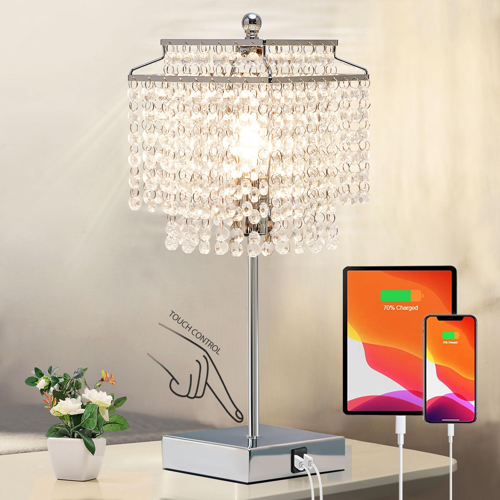 Luvkczc Crystal Table Lamp - Touch Control, 3-Way Dimmable, USB, Silver, LED Bulb Included